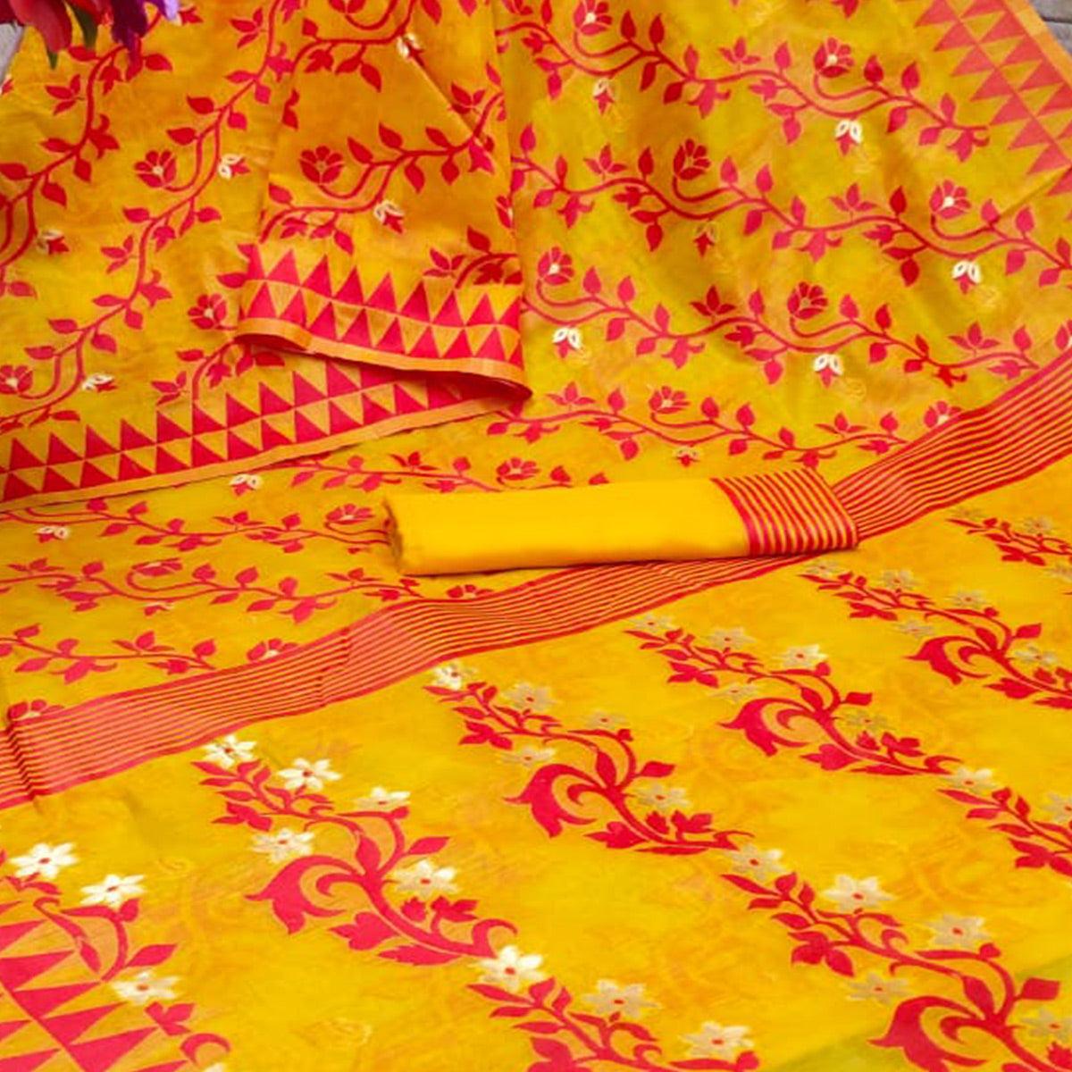 Yellow Casual Wear Woven Jacquard Silk Saree - Peachmode