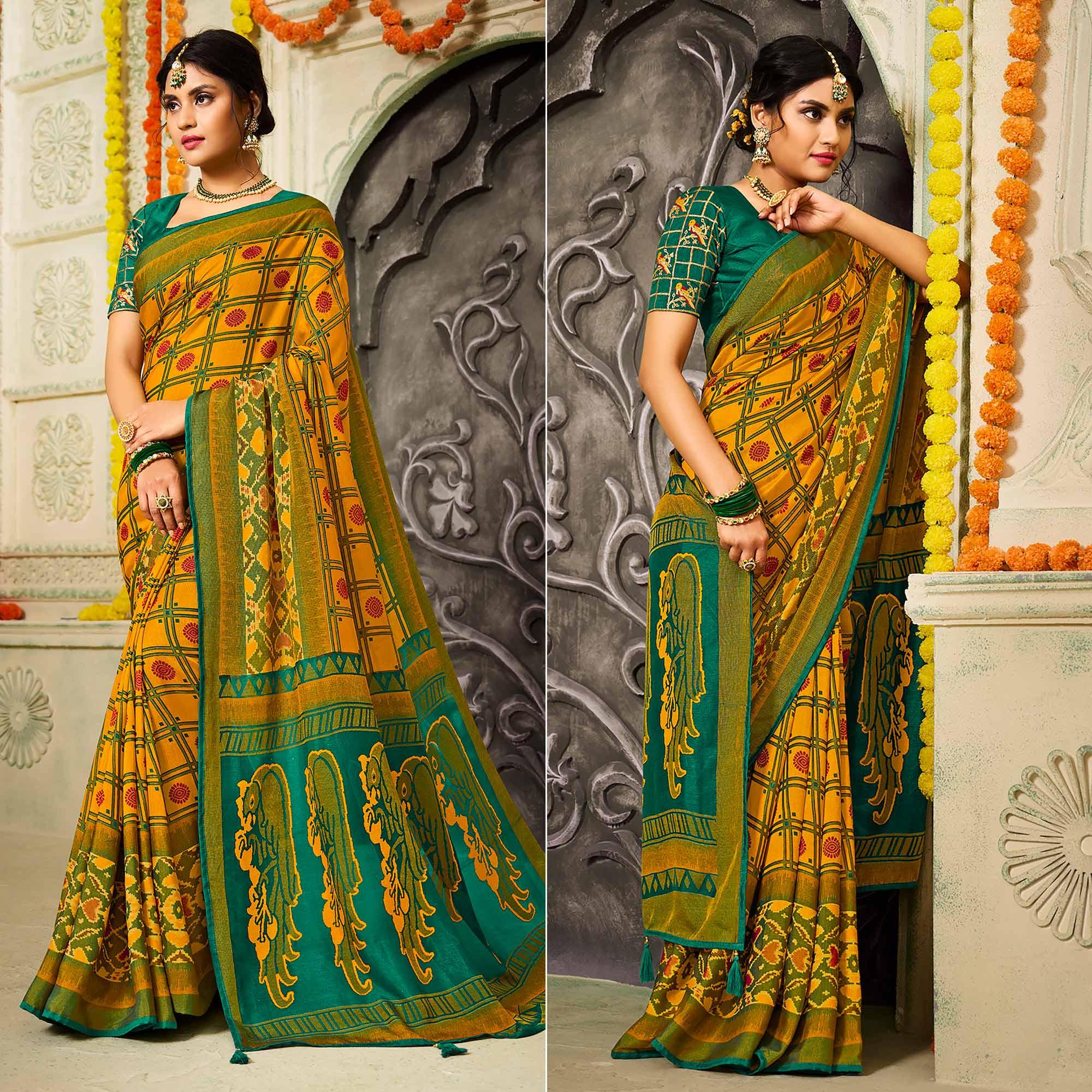 Yellow Checks Printed Brasso Saree With Tassels - Peachmode