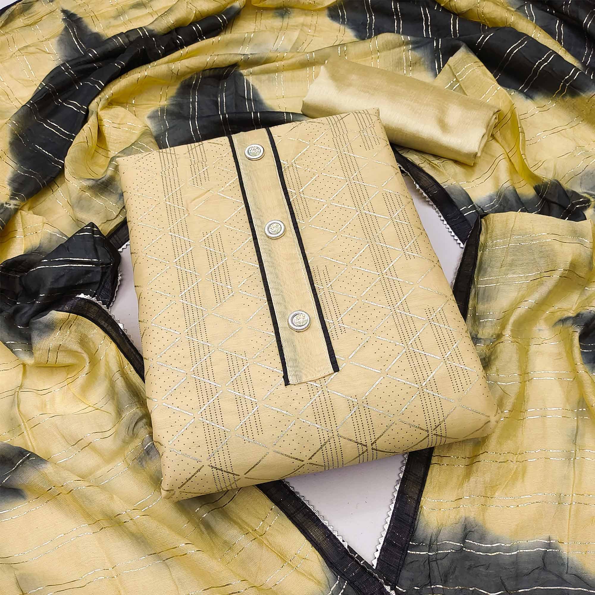 Yellow Checks Printed Chanderi Dress Material - Peachmode