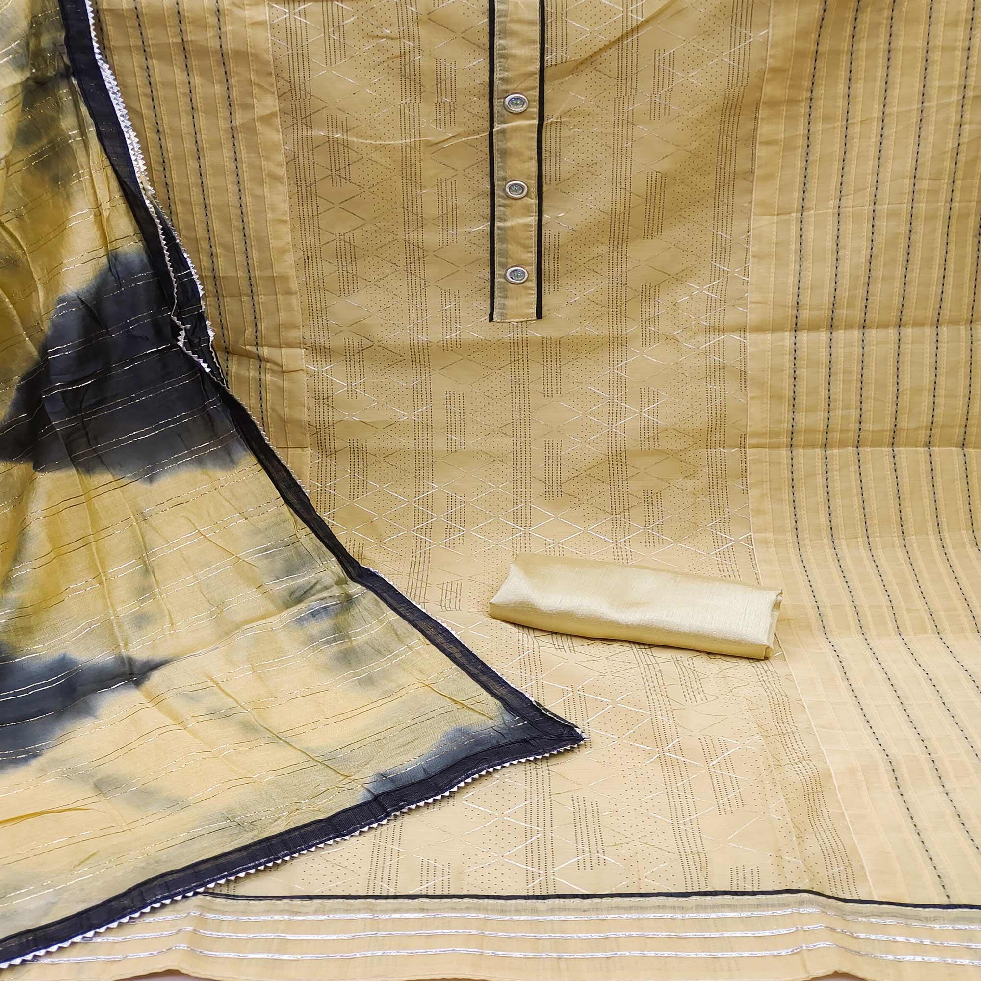 Yellow Checks Printed Chanderi Dress Material - Peachmode