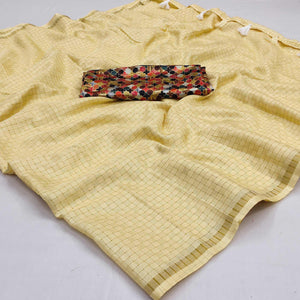 Yellow Checks Printed Jute Saree - Peachmode