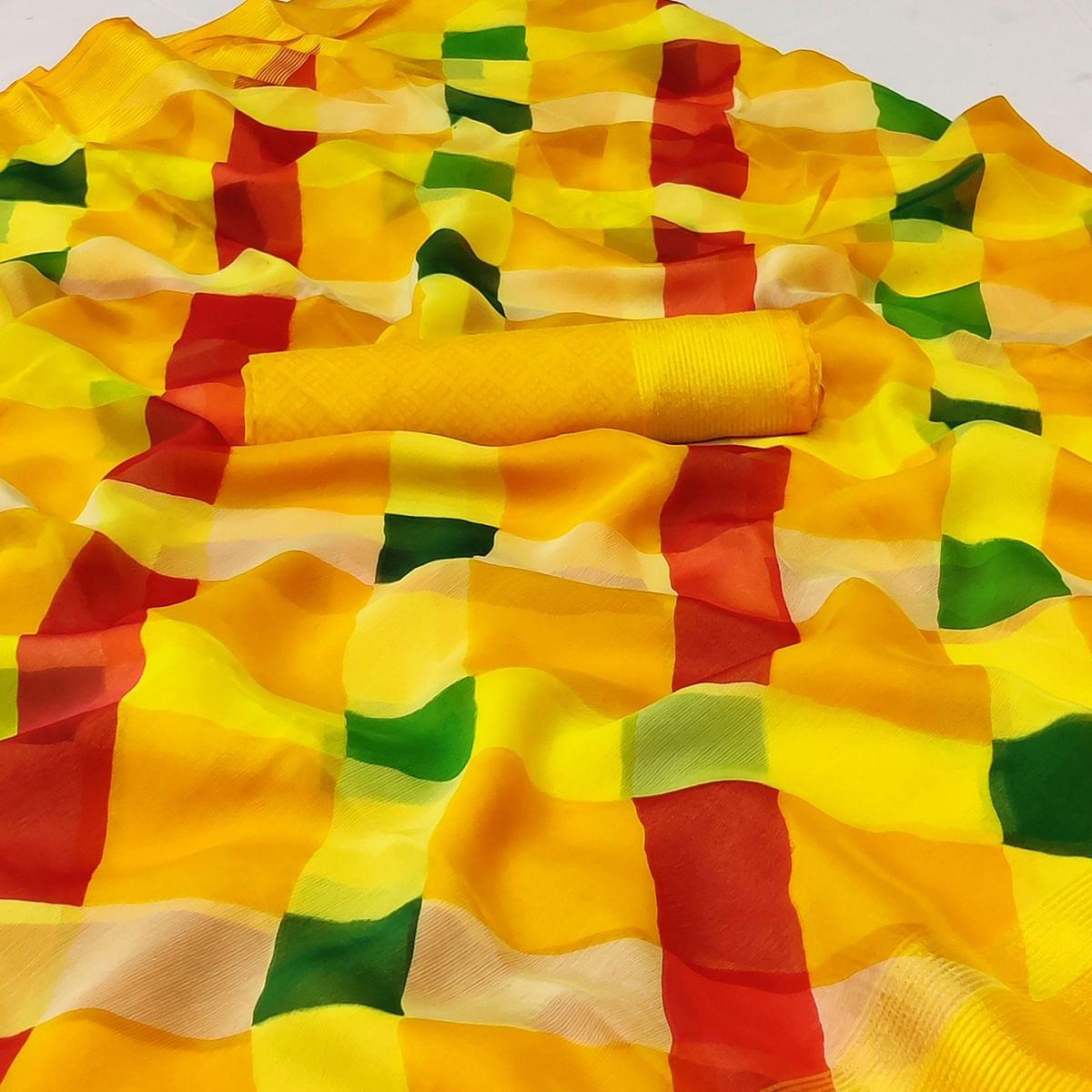 Yellow Cheks Printed Chiffon Saree - Peachmode