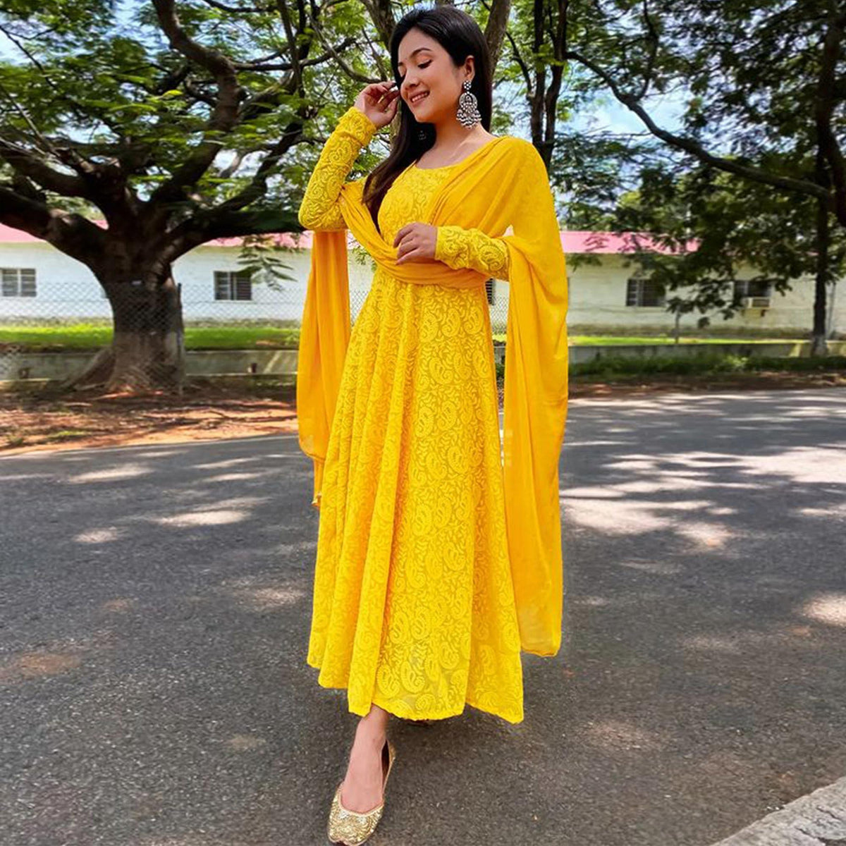 Yellow Chikankari Work Georgette Partywear Anarkali Suit