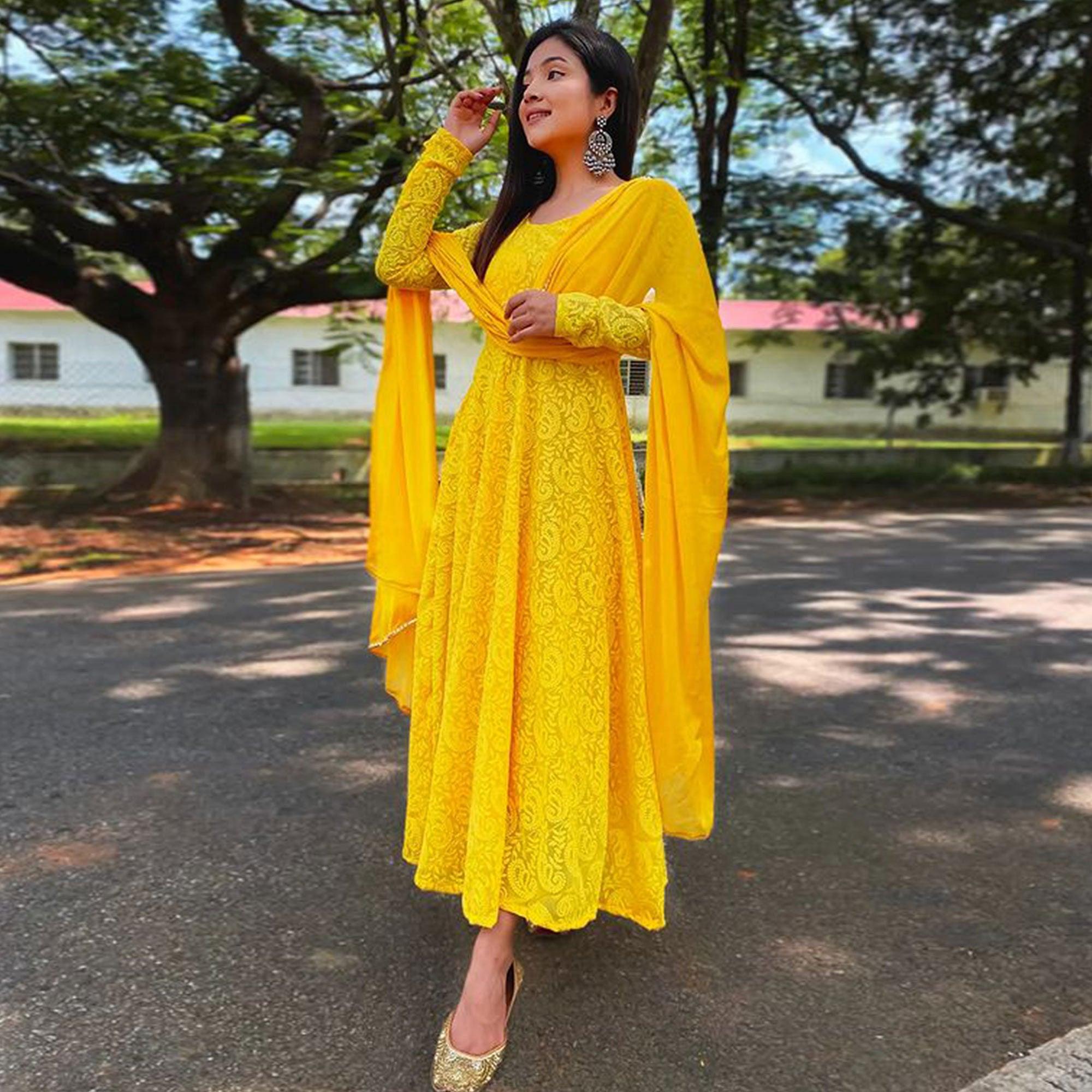 Yellow Anarkali Style Suit Set  Function dresses Yellow dress outfit  Indian dresses