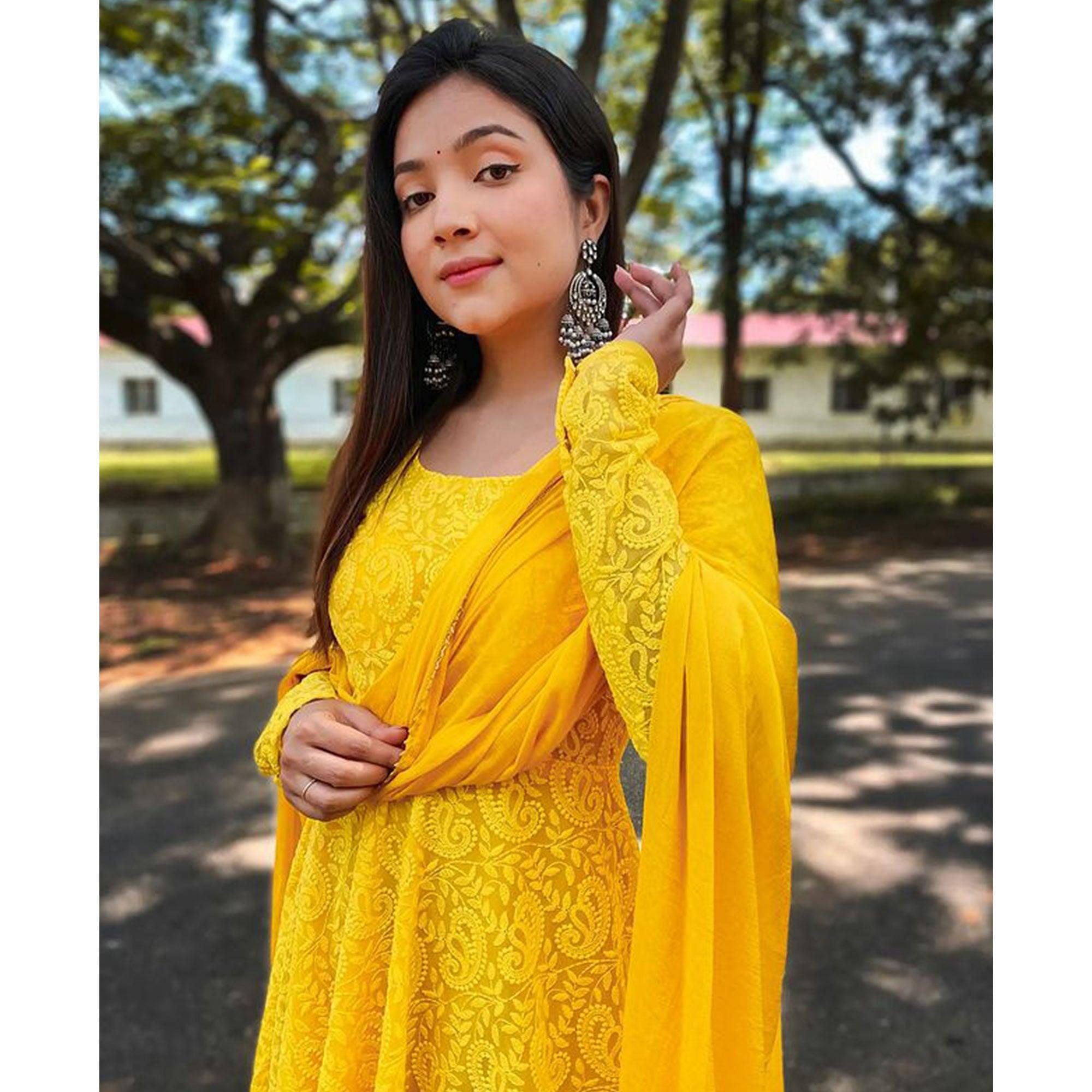 Yellow Chikankari Work Georgette Partywear Anarkali Suit - Peachmode