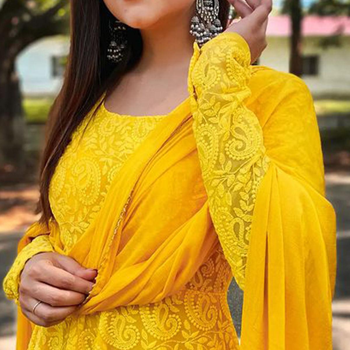 Yellow Chikankari Work Georgette Partywear Anarkali Suit - Peachmode