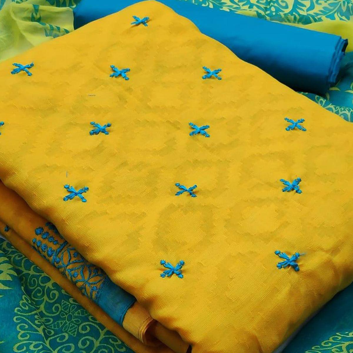 Yellow Colored Embroidered Casual Wear Jacquard Suit - Peachmode