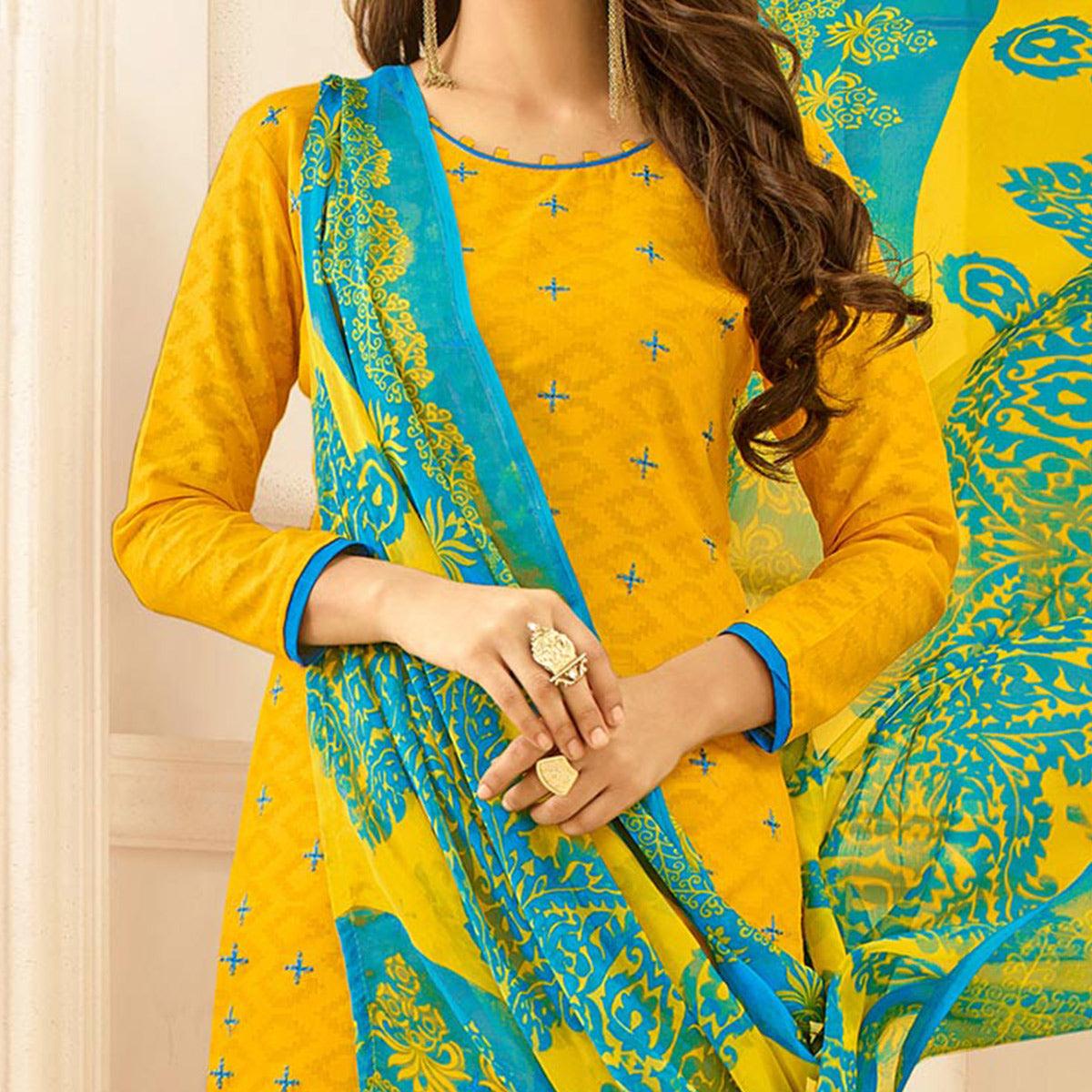 Yellow Colored Embroidered Casual Wear Jacquard Suit - Peachmode