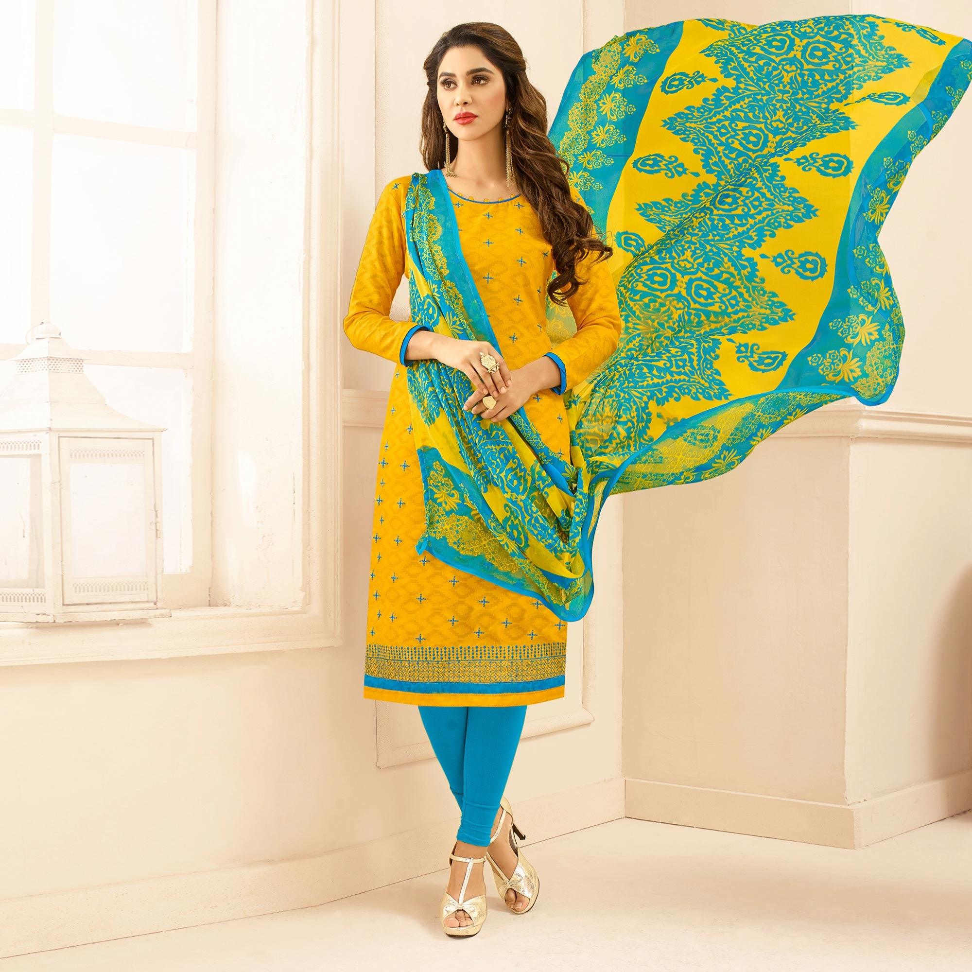Yellow Colored Embroidered Casual Wear Jacquard Suit - Peachmode