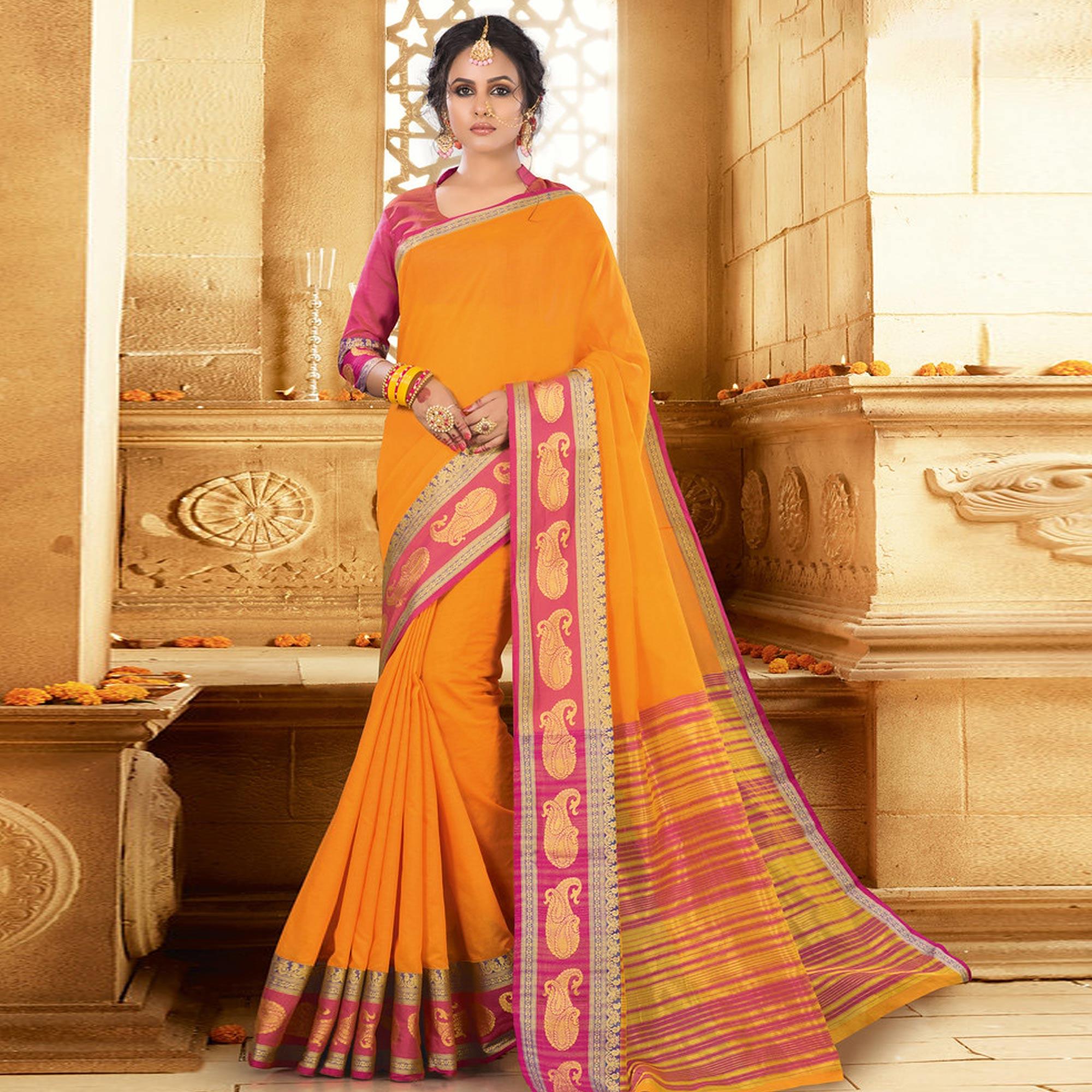 Yellow Colored Festive Wear Woven Jute Saree - Peachmode