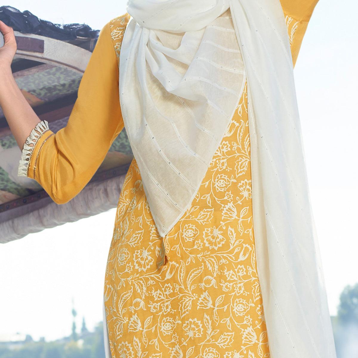 Yellow Colored Partywear Printed Viscose Silk Kurti - Pant Set With Dupatta - Peachmode