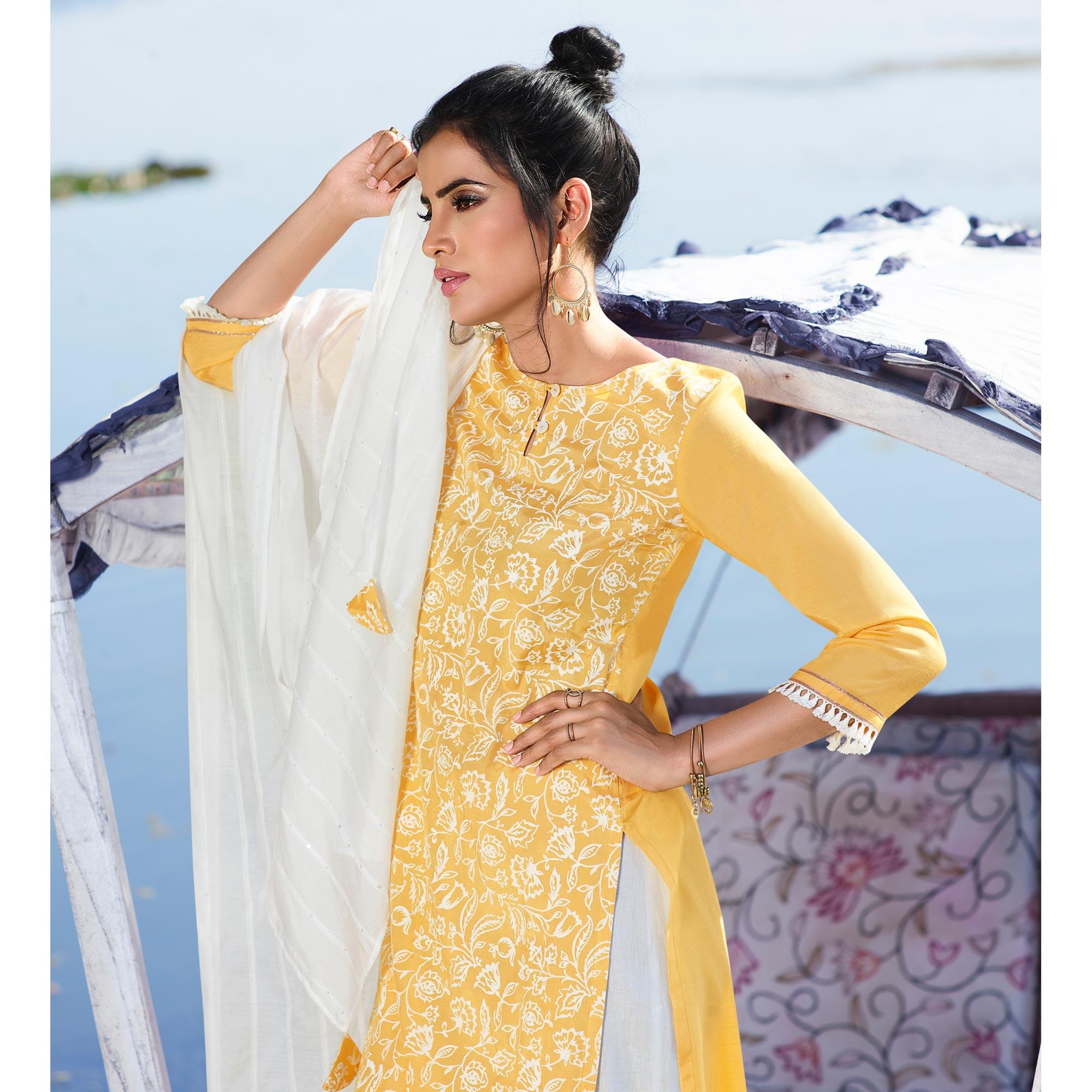 Yellow Colored Partywear Printed Viscose Silk Kurti - Pant Set With Dupatta - Peachmode