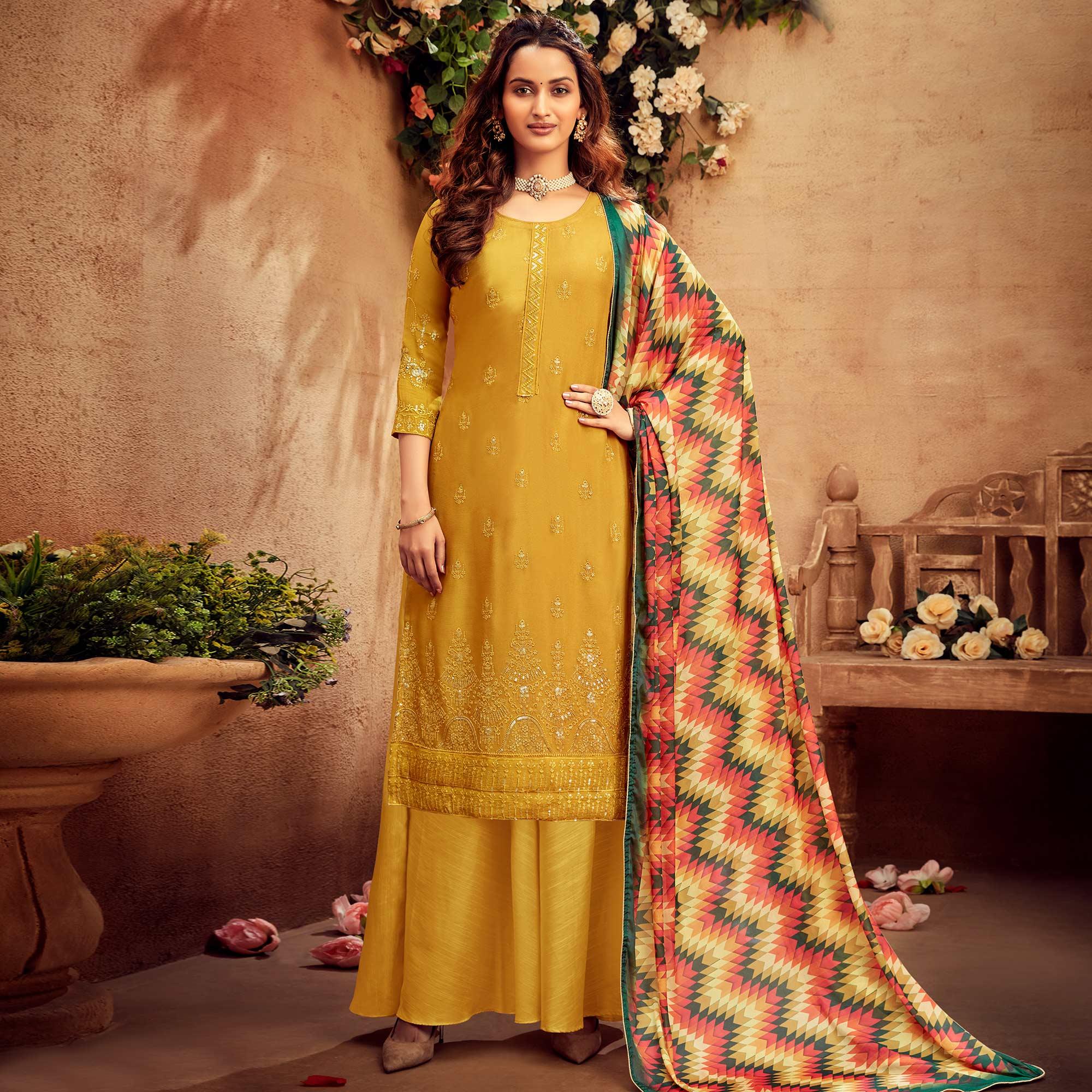 Yellow Coloured Embroidered Partywear Pure Viscose Chiffon Palazzo Suit - Peachmode