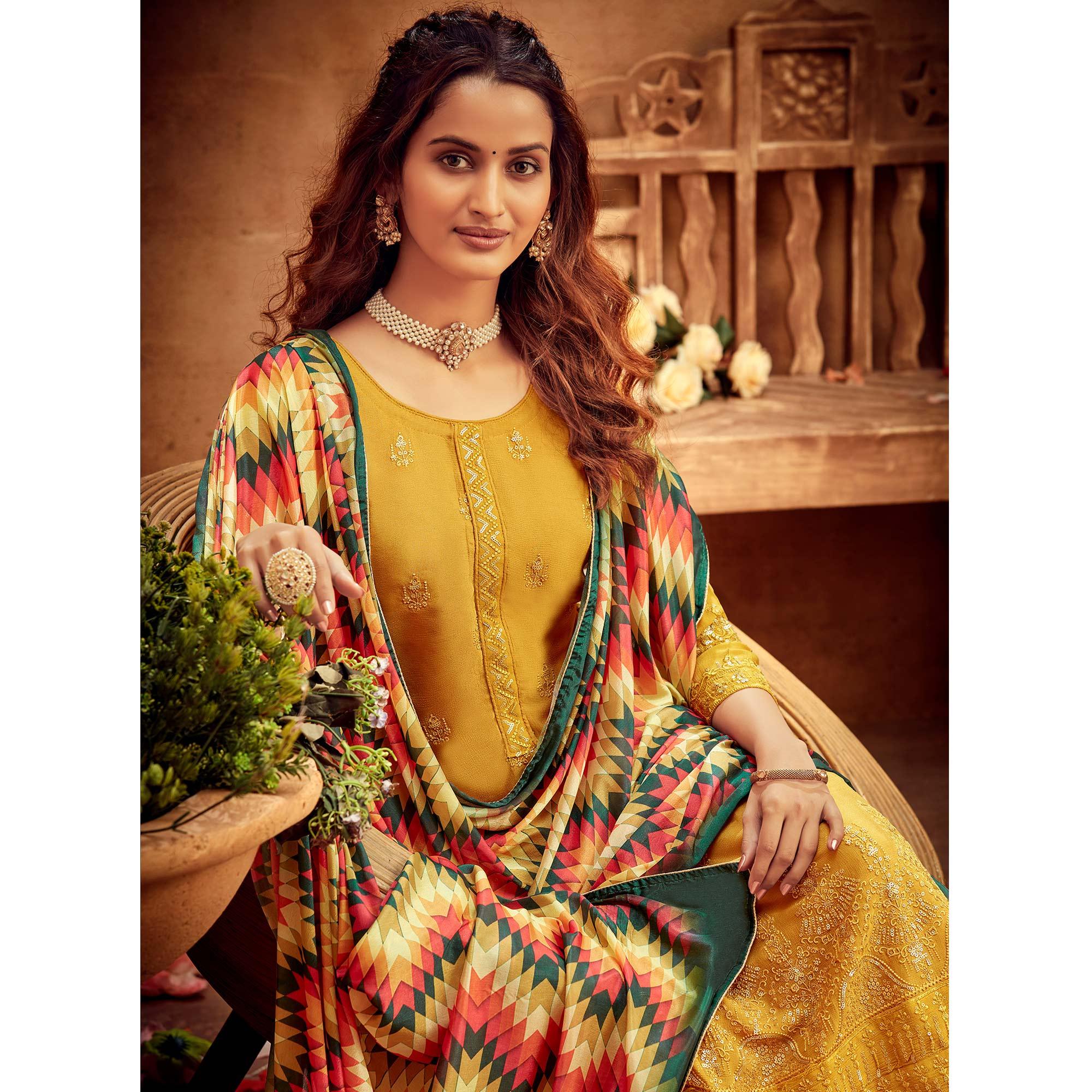 Yellow Coloured Embroidered Partywear Pure Viscose Chiffon Palazzo Suit - Peachmode
