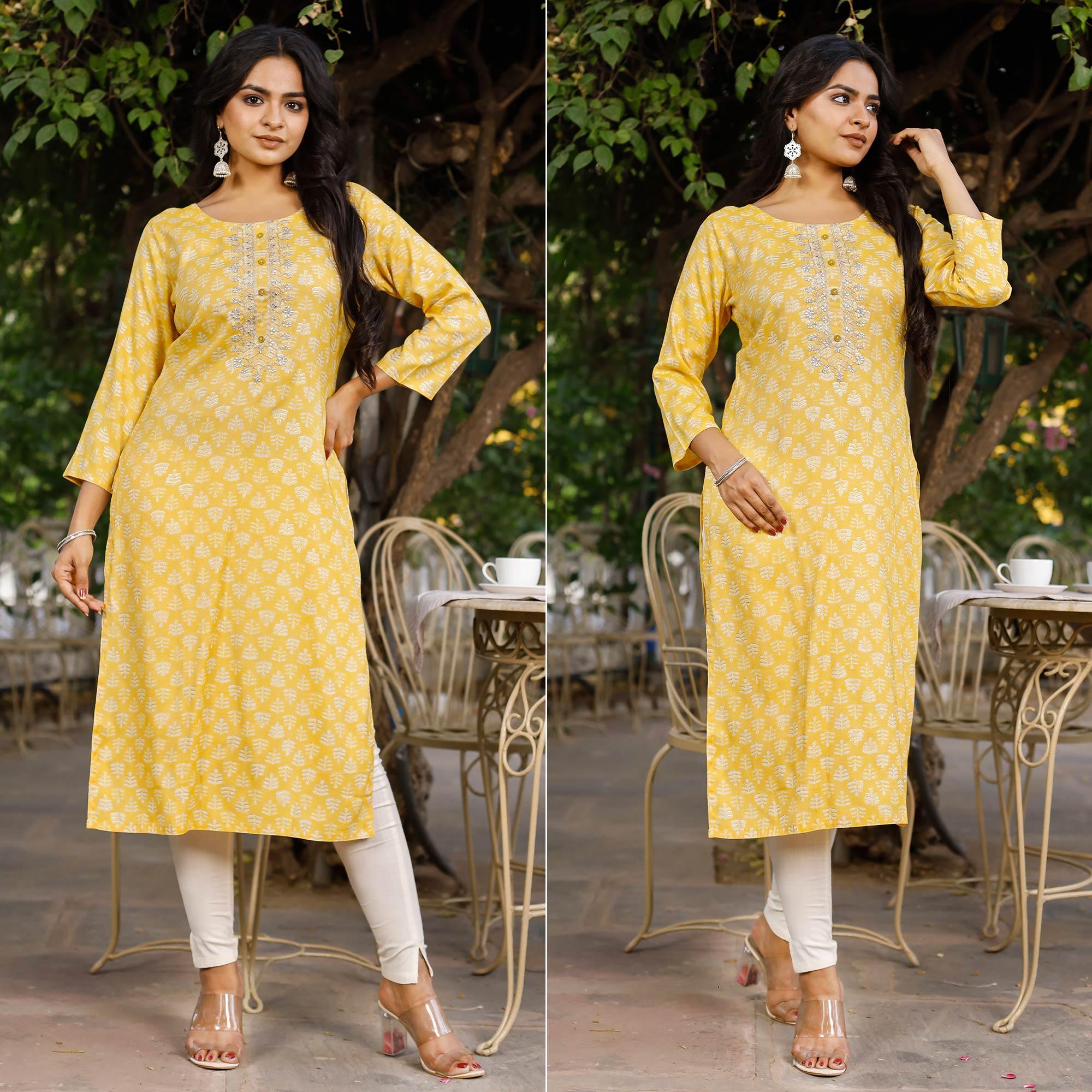 Yellow Crayon Printed Rayon Kurti - Peachmode