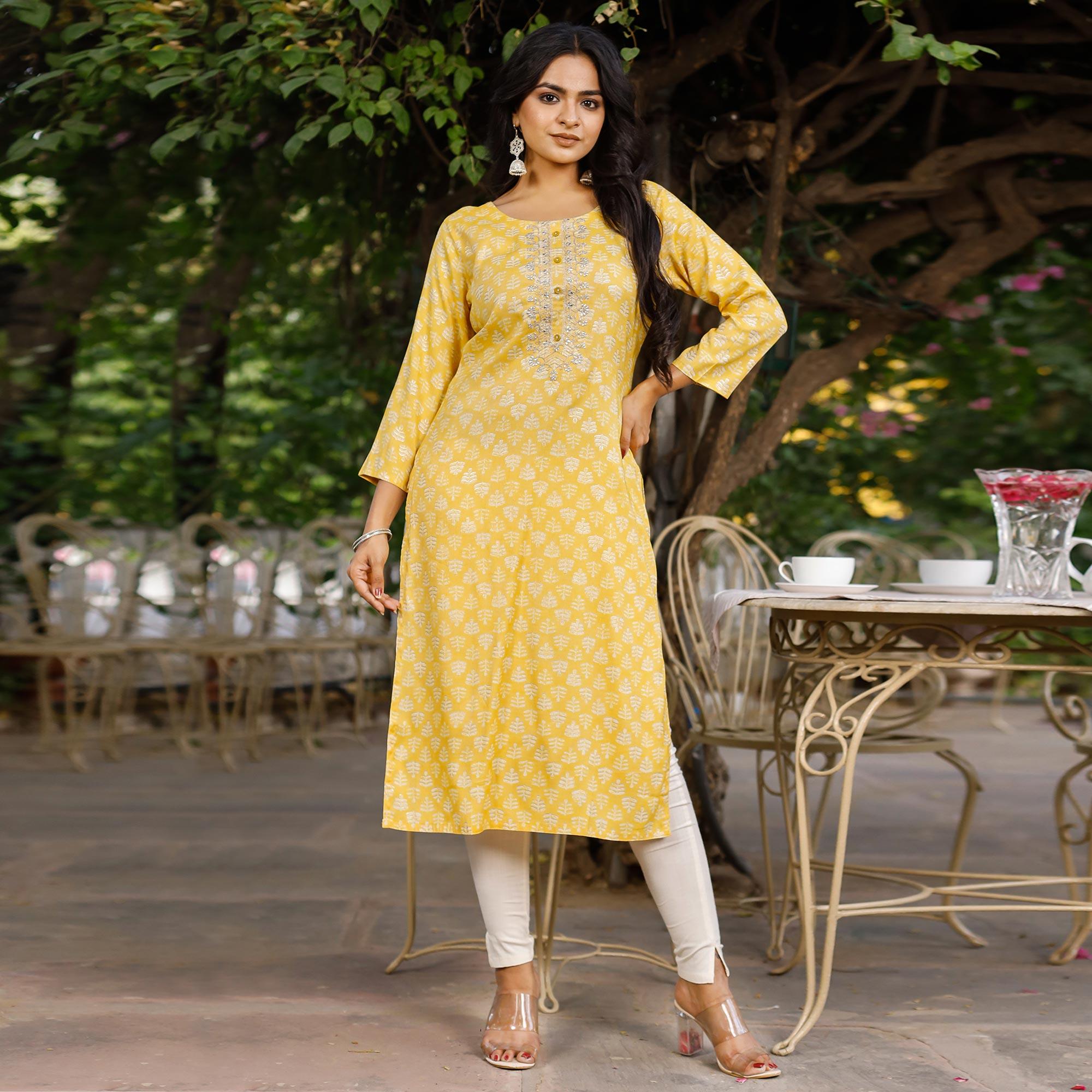 Yellow Crayon Printed Rayon Kurti - Peachmode