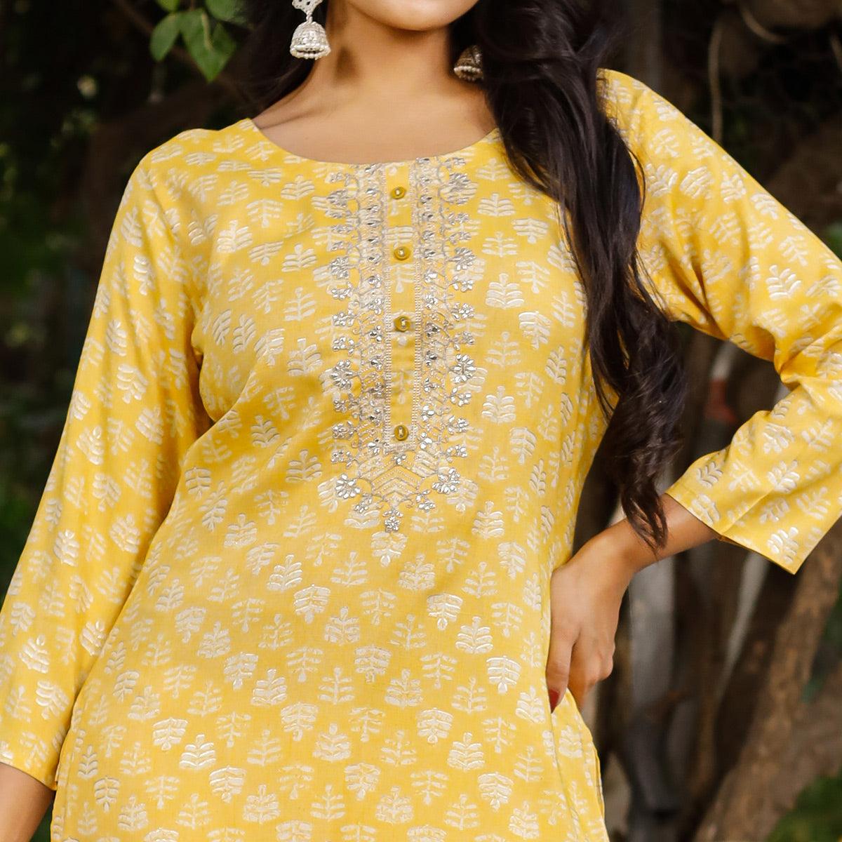 Yellow Crayon Printed Rayon Kurti - Peachmode