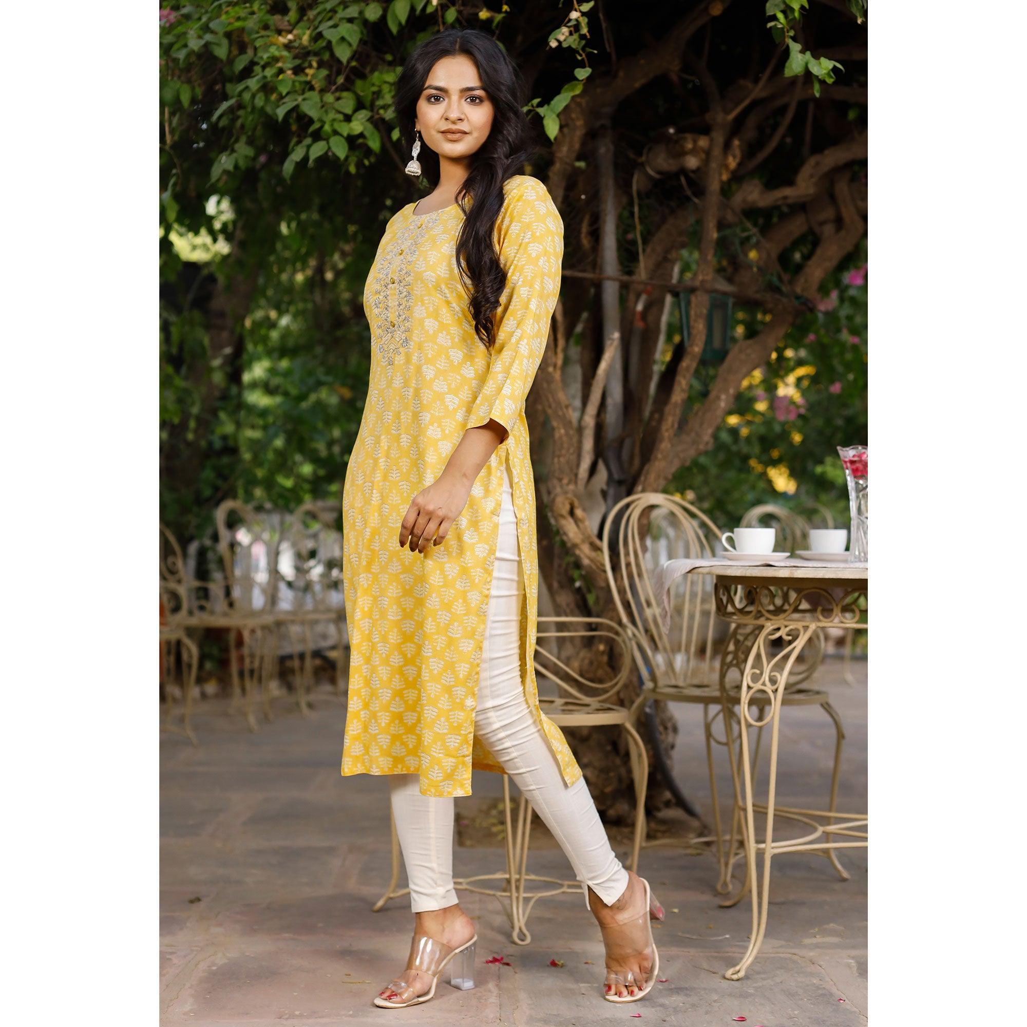 Yellow Crayon Printed Rayon Kurti - Peachmode
