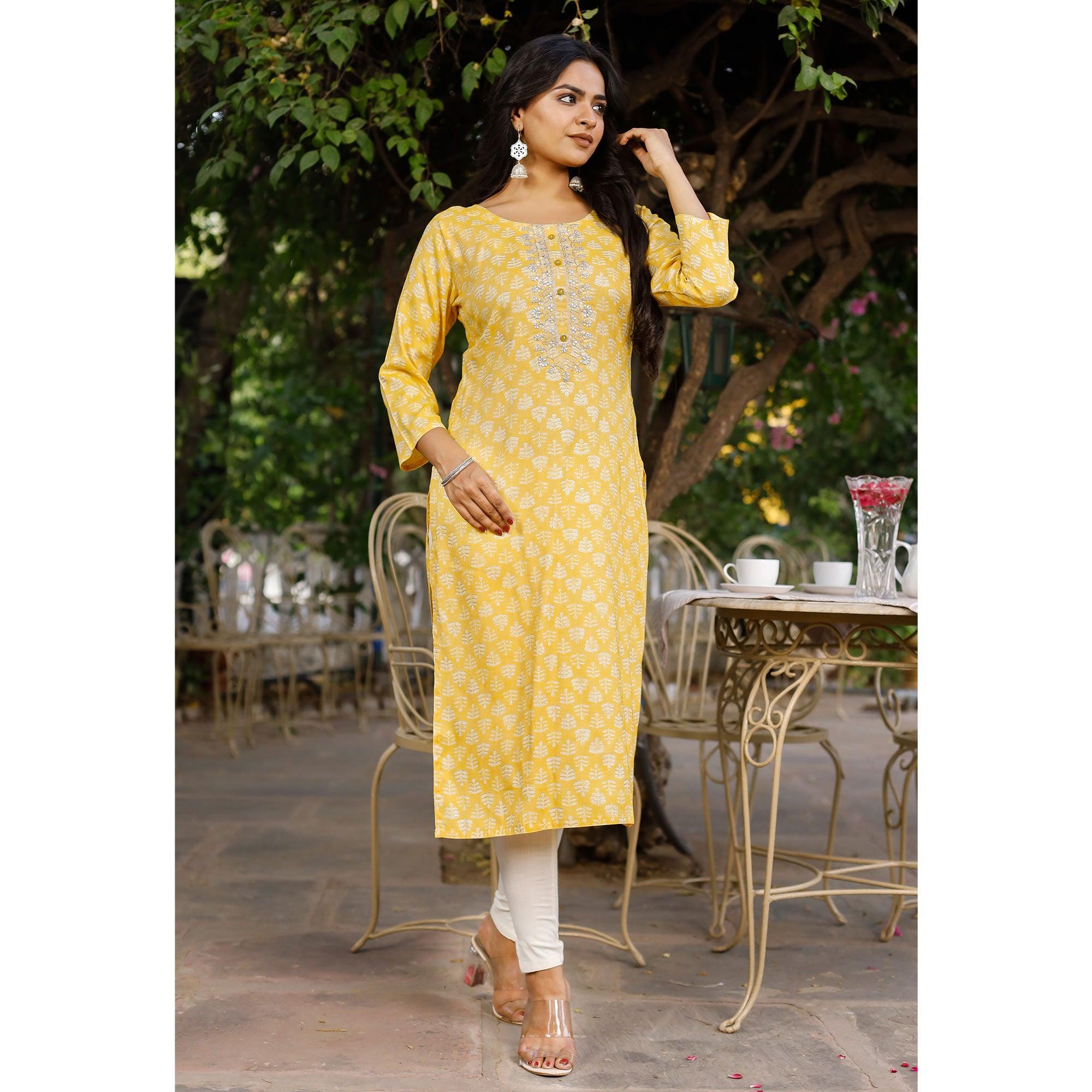 Yellow Crayon Printed Rayon Kurti - Peachmode