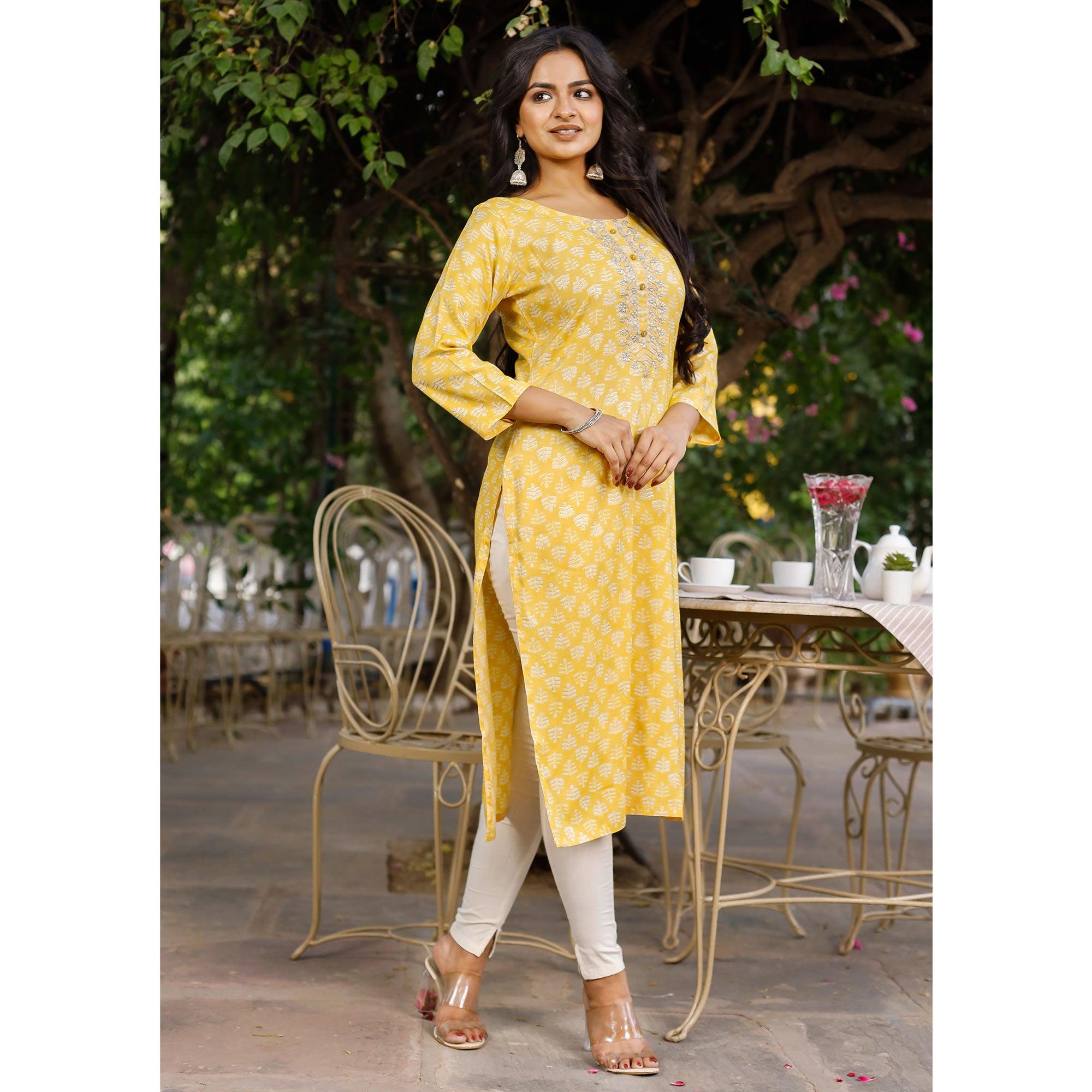 Yellow Crayon Printed Rayon Kurti - Peachmode