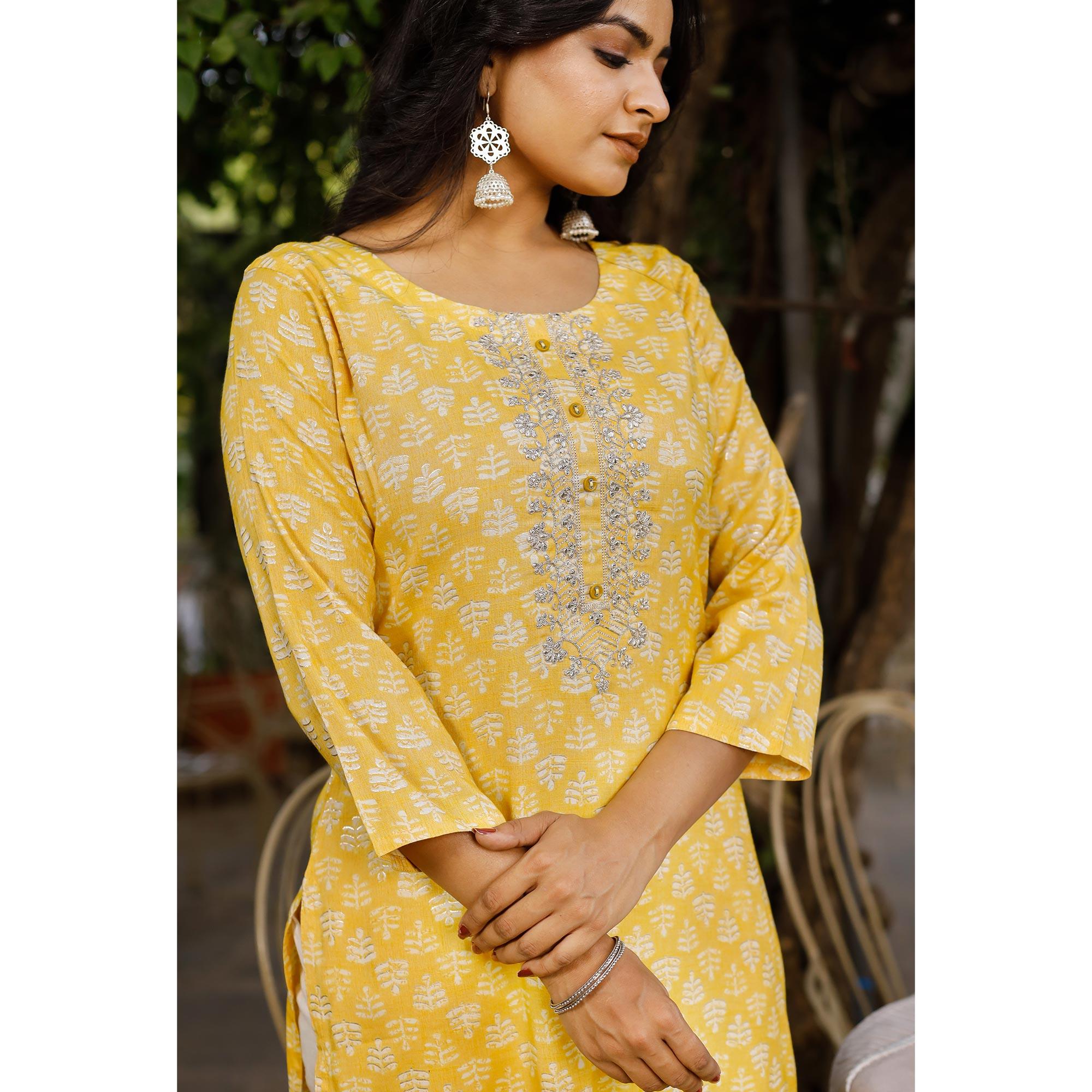 Yellow Crayon Printed Rayon Kurti - Peachmode