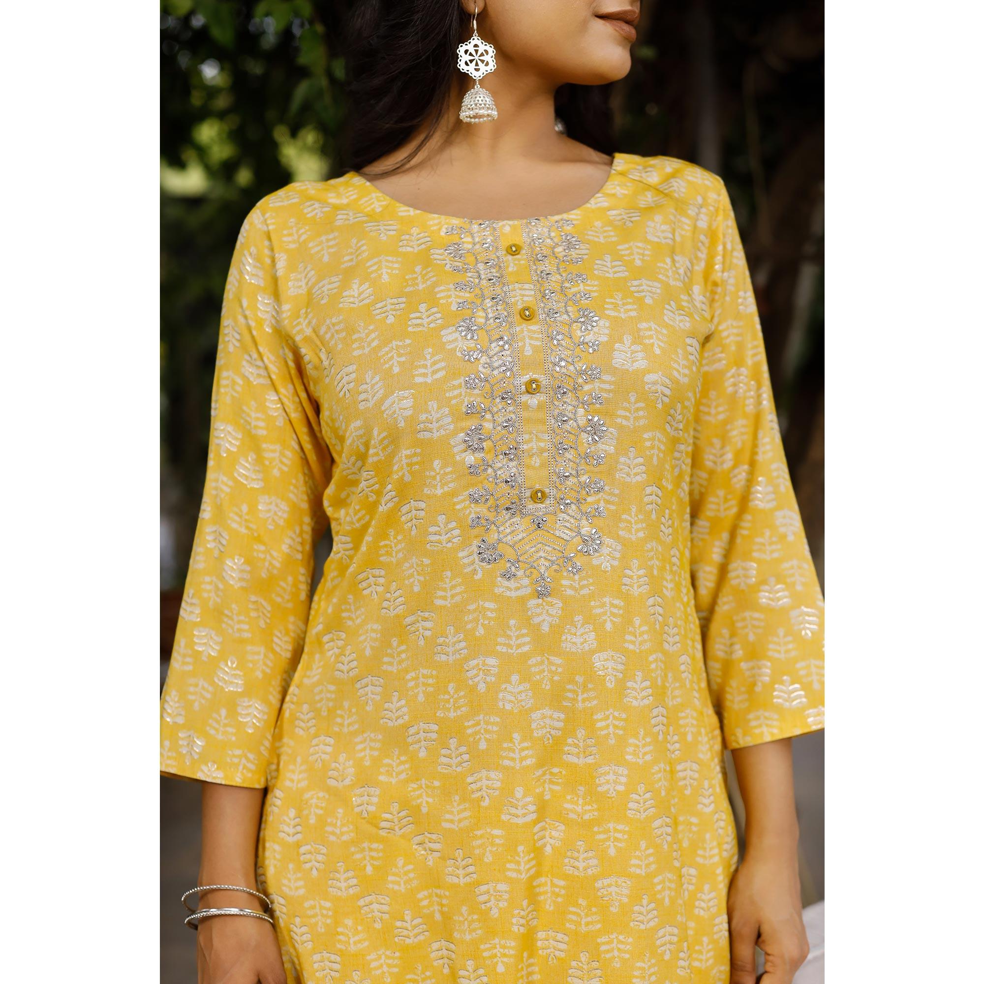 Yellow Crayon Printed Rayon Kurti - Peachmode