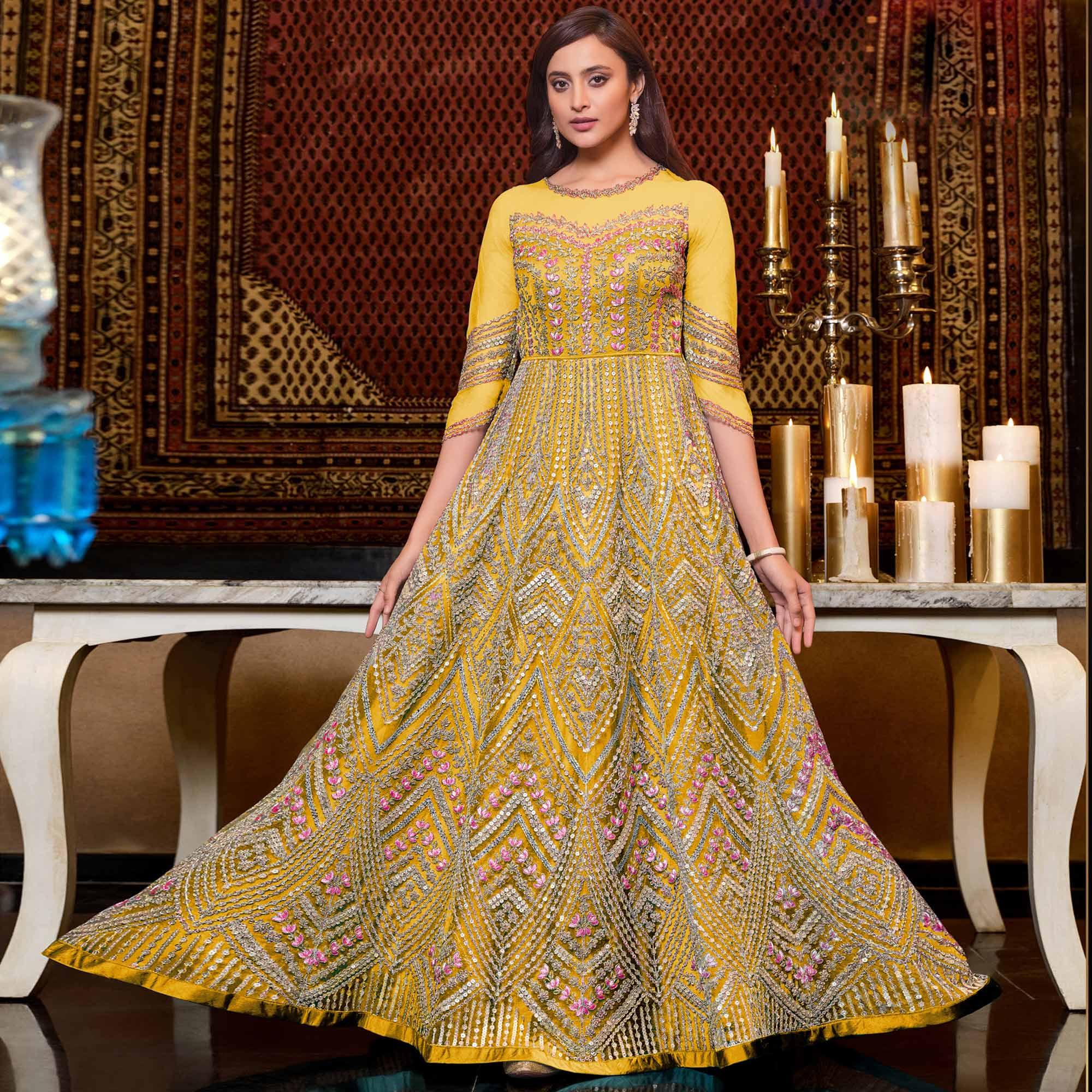 Yellow Designer Partywear Embroidered Heavy Net Anarakali Suit - Peachmode