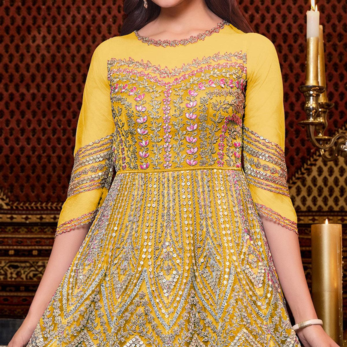 Yellow Designer Partywear Embroidered Heavy Net Anarakali Suit - Peachmode