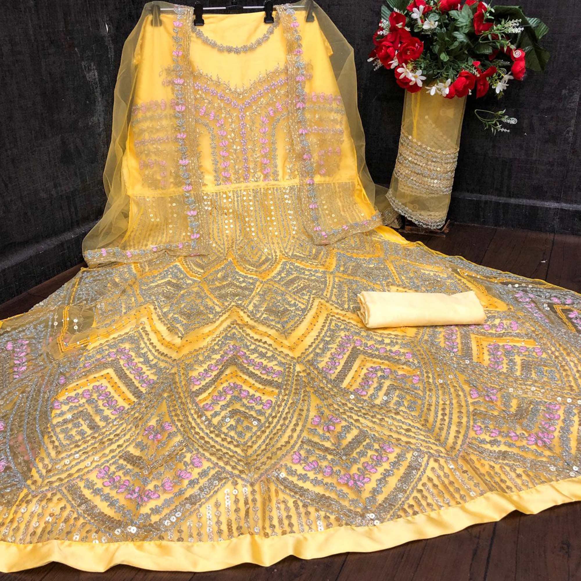 Yellow Designer Partywear Embroidered Heavy Net Anarakali Suit - Peachmode