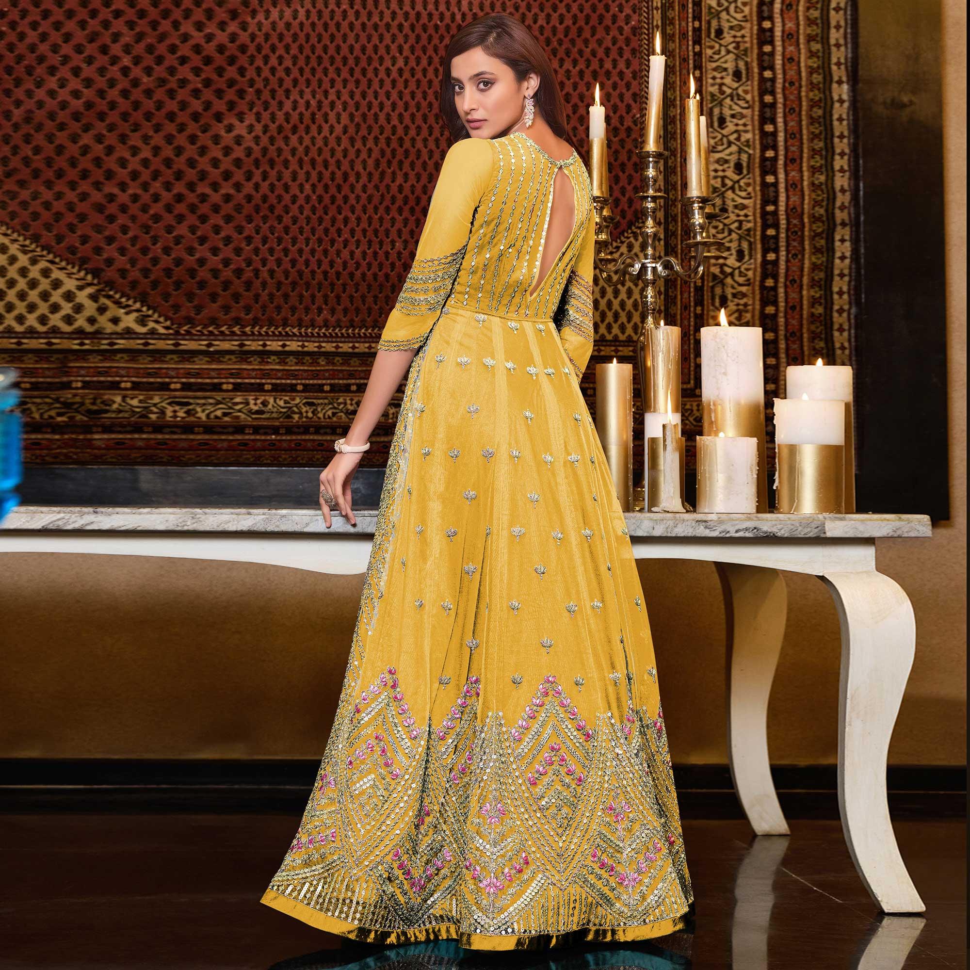 Yellow Designer Partywear Embroidered Heavy Net Anarakali Suit - Peachmode