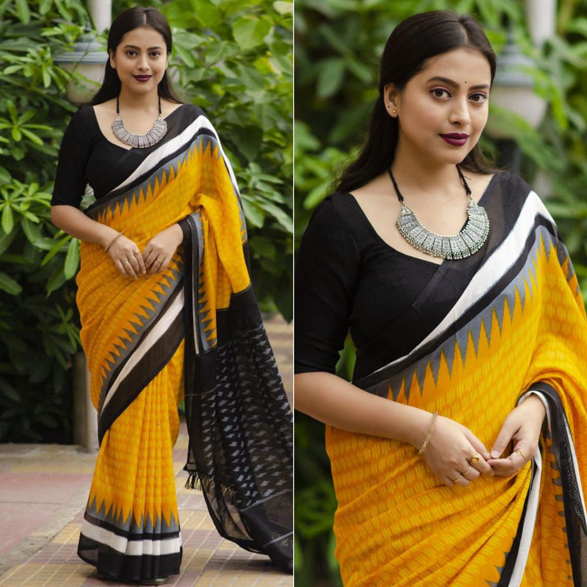 Yellow Digital Ikkat Printed Linen Saree - Peachmode