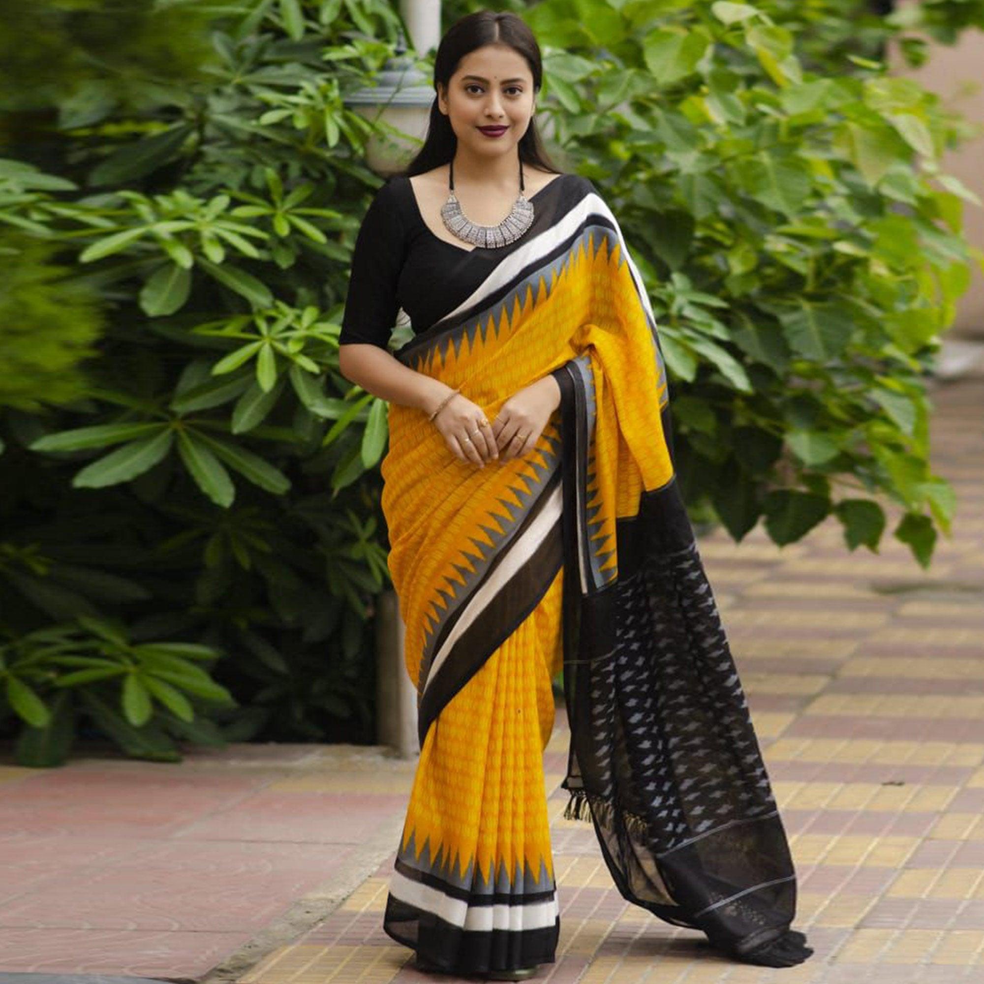 Yellow Digital Ikkat Printed Linen Saree - Peachmode
