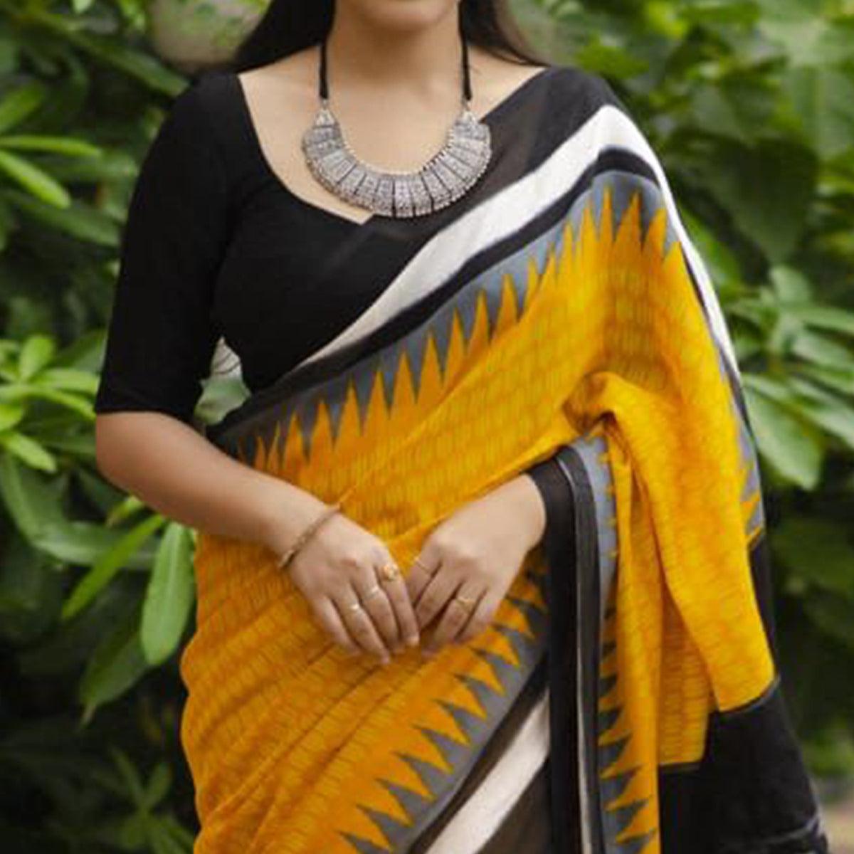 Yellow Digital Ikkat Printed Linen Saree - Peachmode