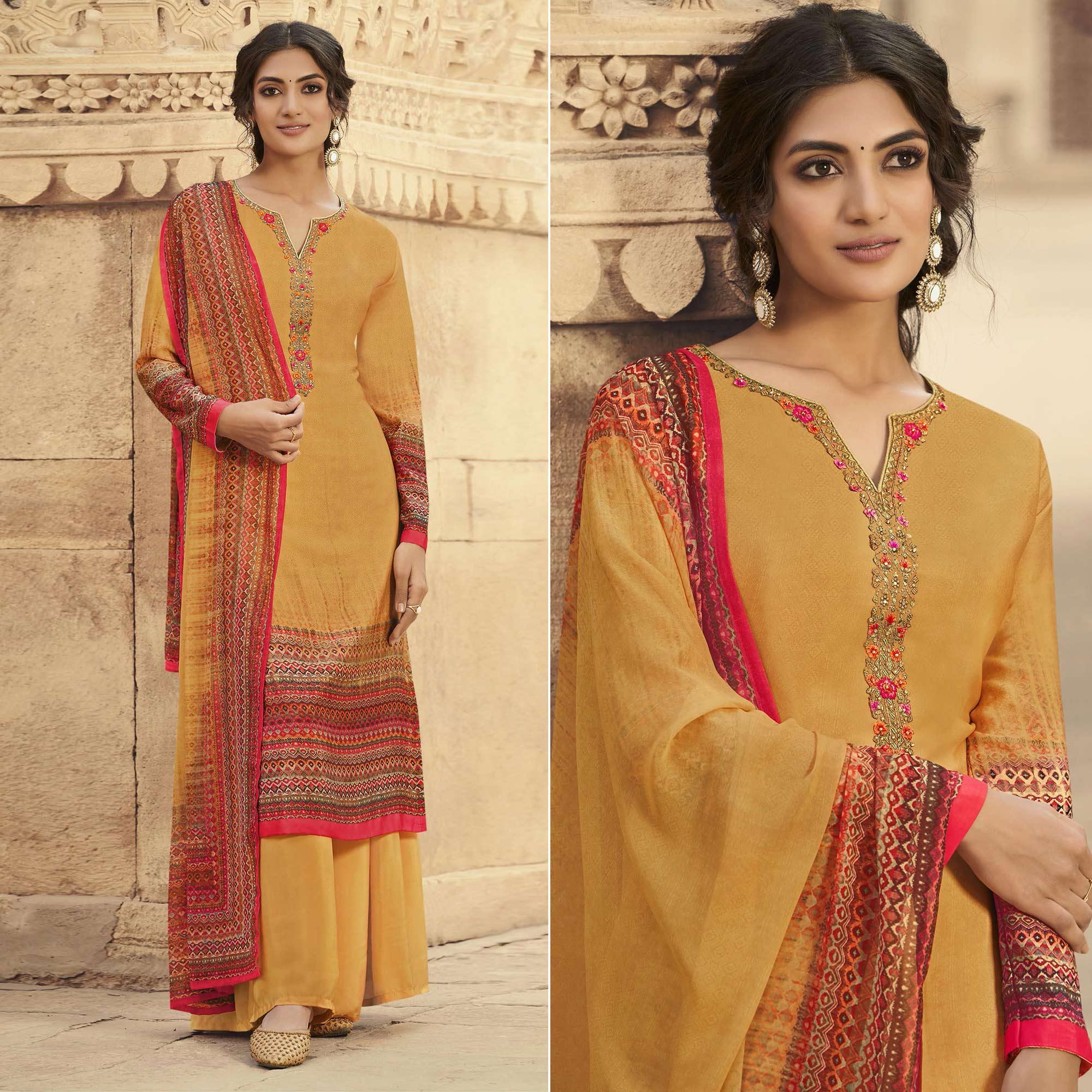 Yellow Digital Printed Art Silk Palazzo Suit - Peachmode
