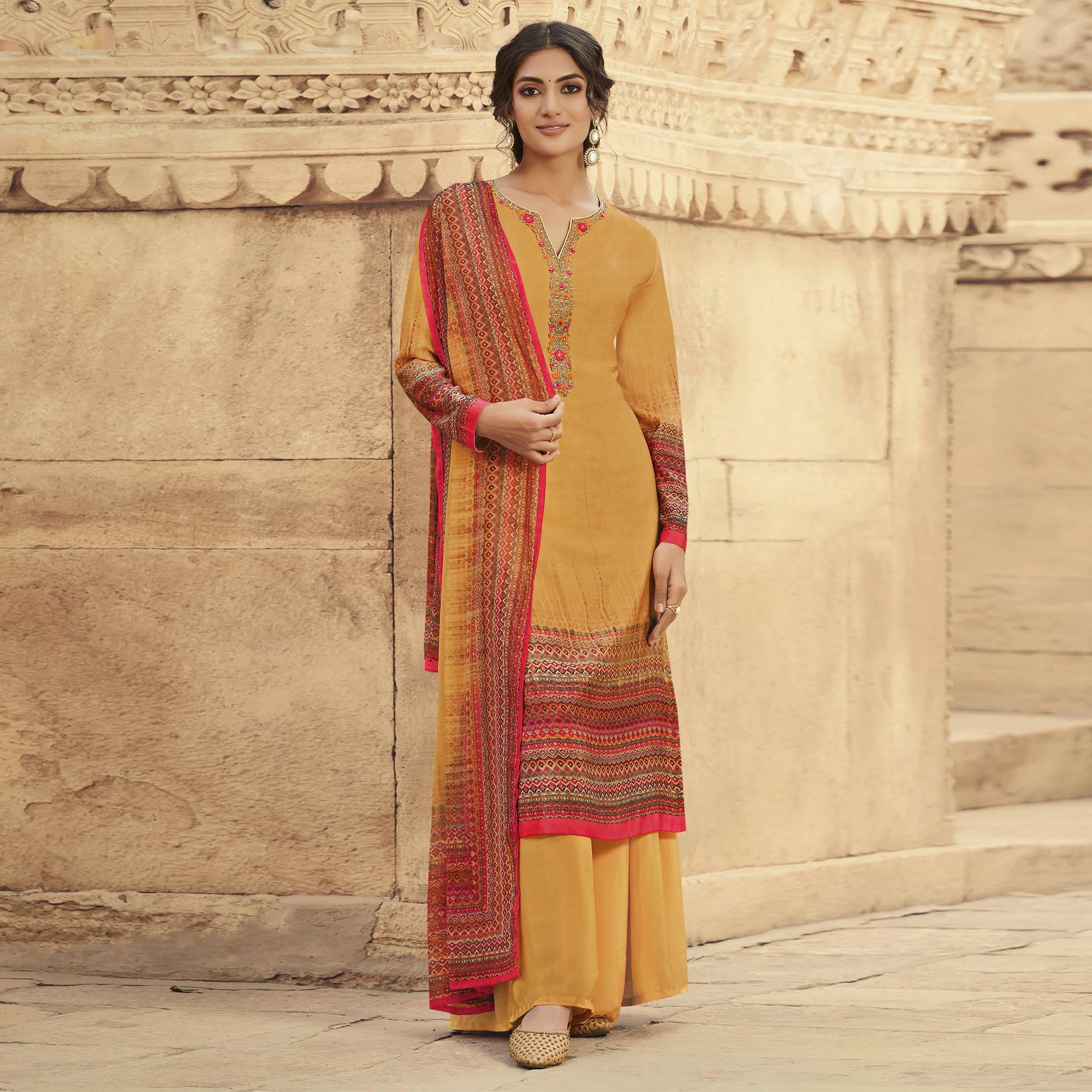 Yellow Digital Printed Art Silk Palazzo Suit - Peachmode