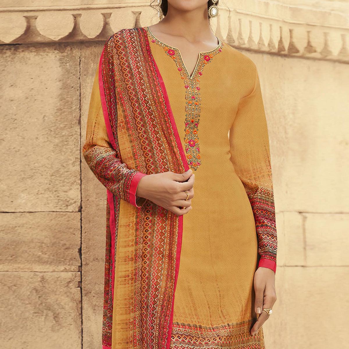 Yellow Digital Printed Art Silk Palazzo Suit - Peachmode