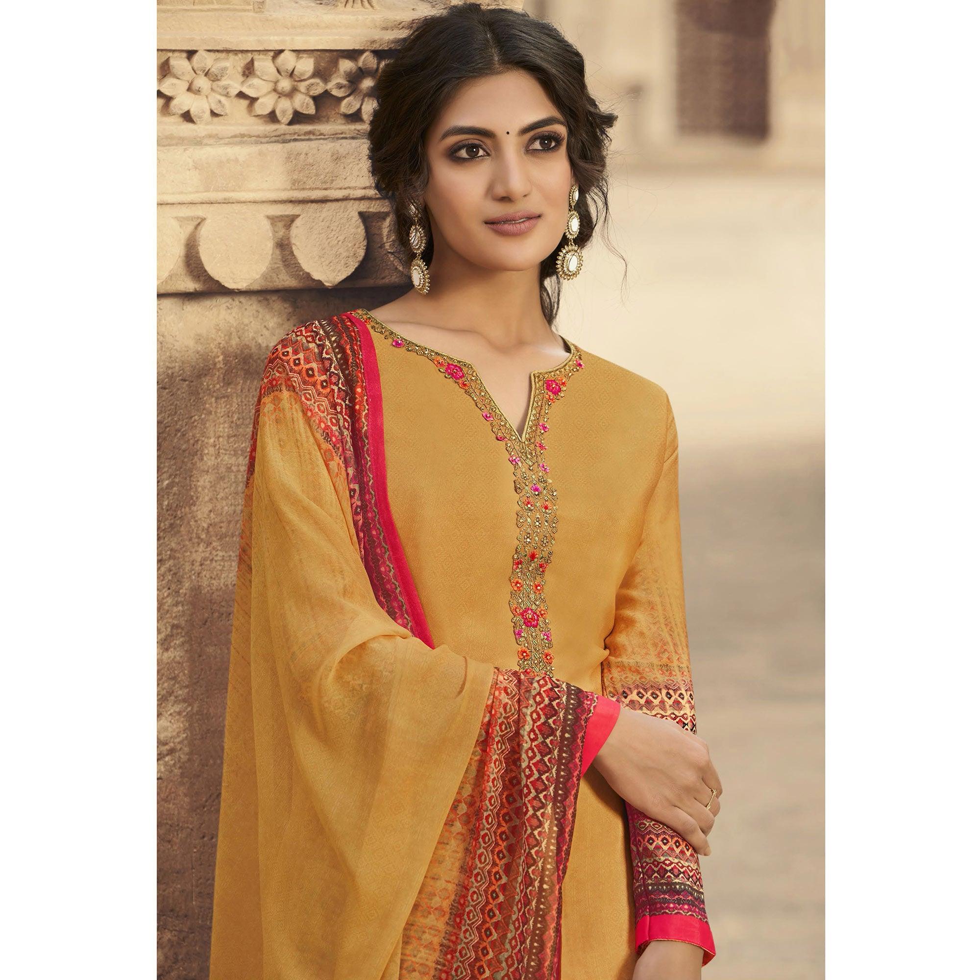 Yellow Digital Printed Art Silk Palazzo Suit - Peachmode