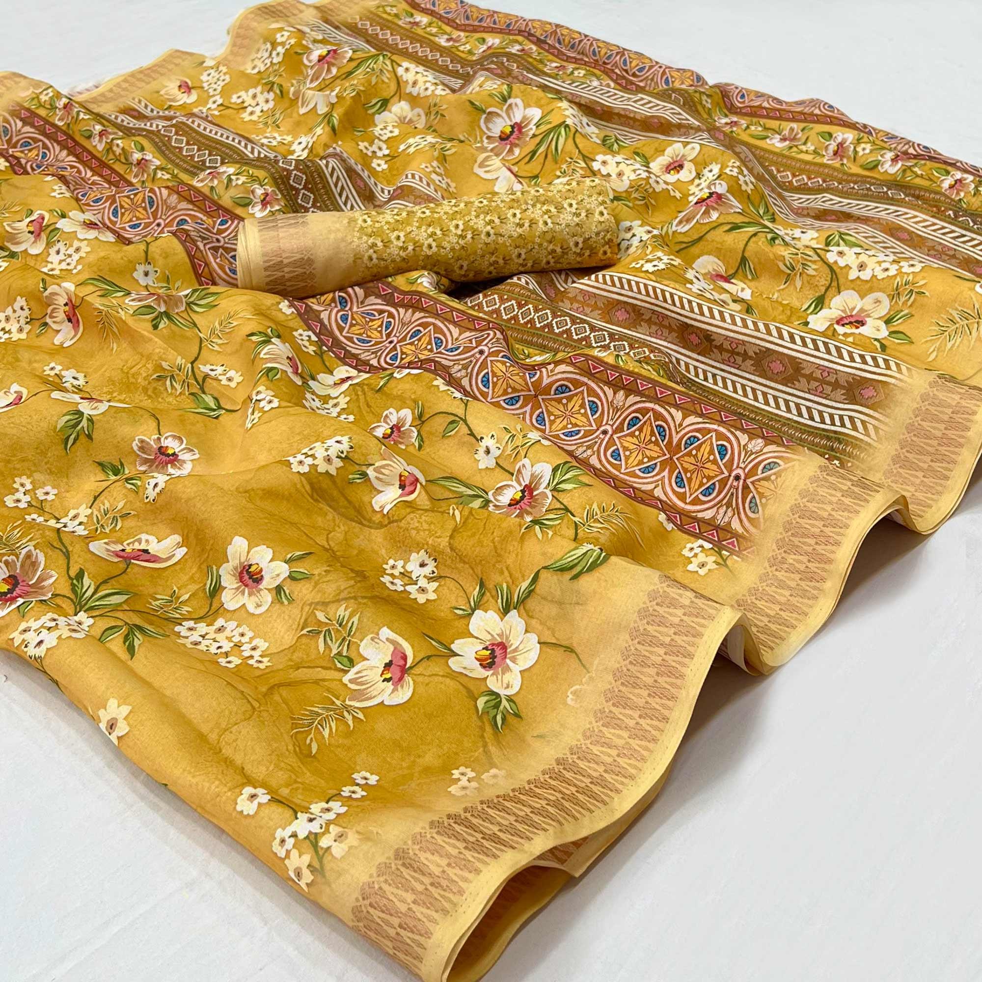 Yellow Digital Printed Cotton Silk Saree - Peachmode