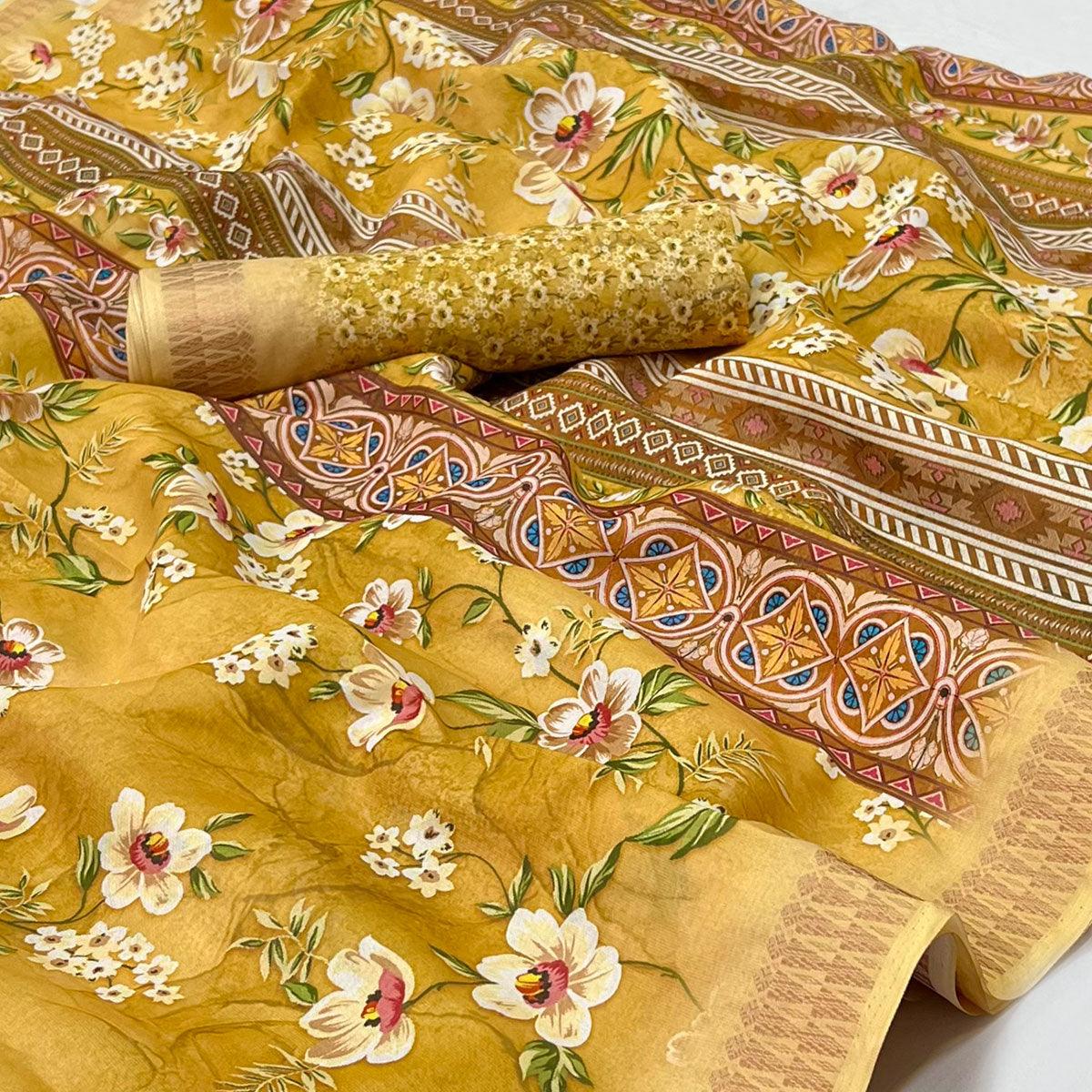Yellow Digital Printed Cotton Silk Saree - Peachmode