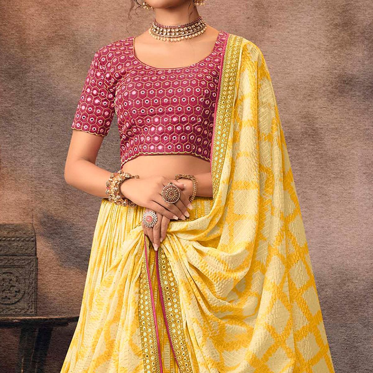 Yellow Digital Printed-Embellished Chiffon Lehenga Choli - Peachmode