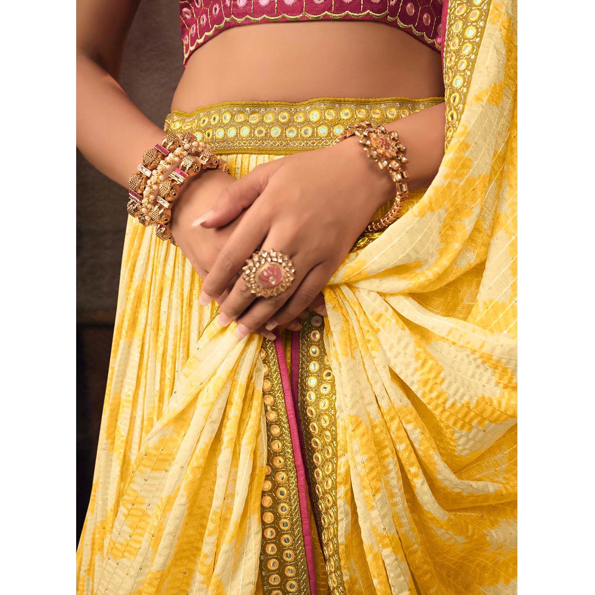 Yellow Digital Printed-Embellished Chiffon Lehenga Choli - Peachmode