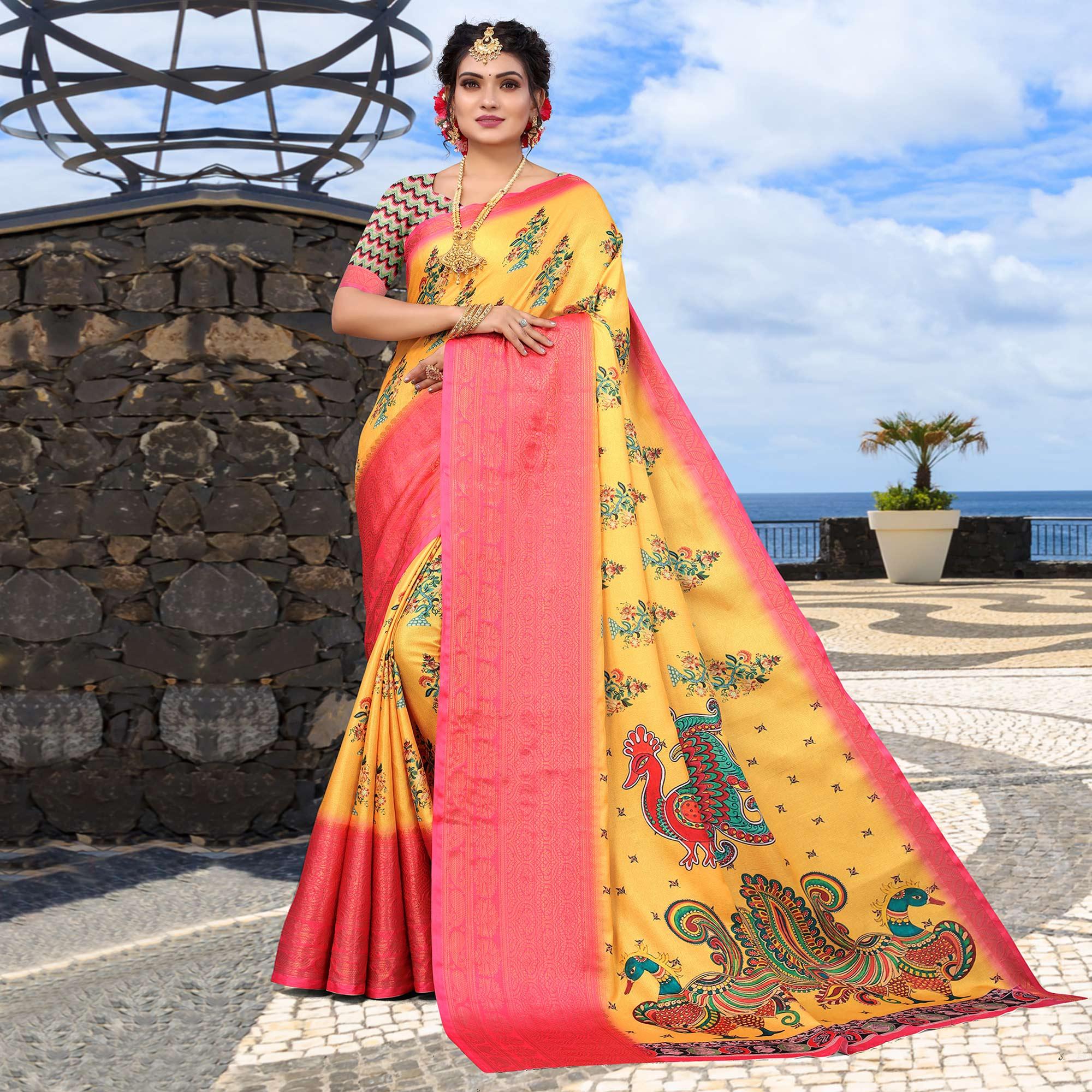 Yellow Digital Printed Khaadi Saree - Peachmode