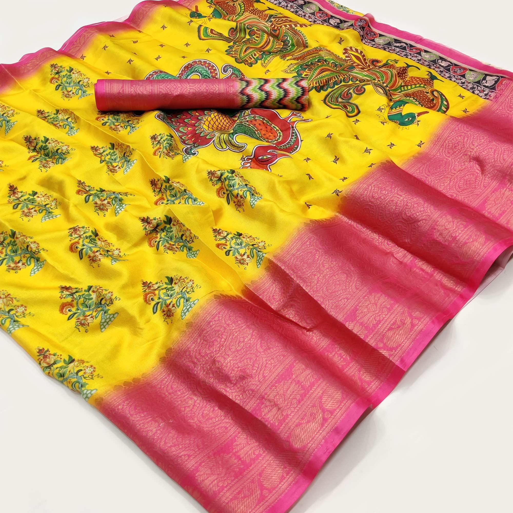 Yellow Digital Printed Khaadi Saree - Peachmode