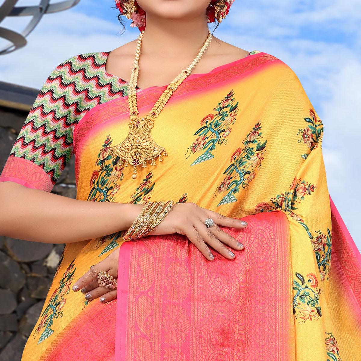 Yellow Digital Printed Khaadi Saree - Peachmode