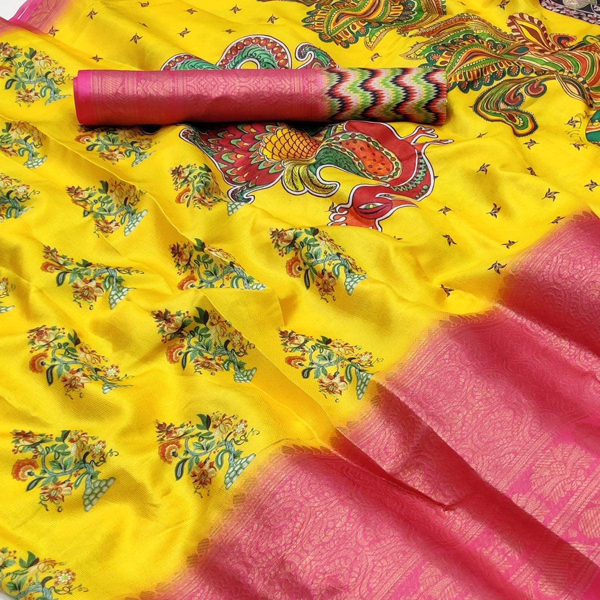 Yellow Digital Printed Khaadi Saree - Peachmode