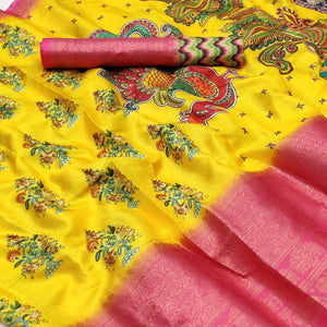 Yellow Digital Printed Khaadi Saree - Peachmode