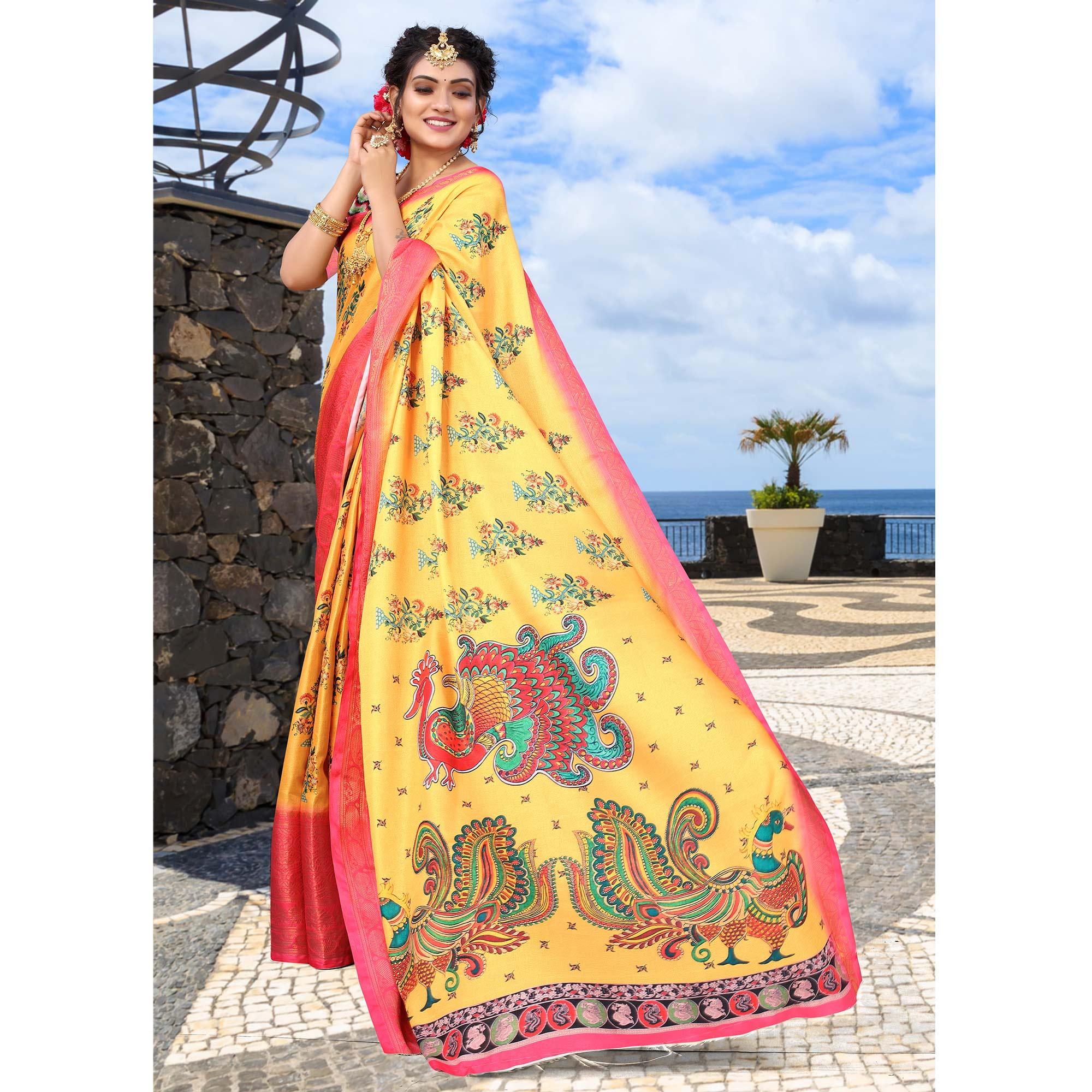 Yellow Digital Printed Khaadi Saree - Peachmode