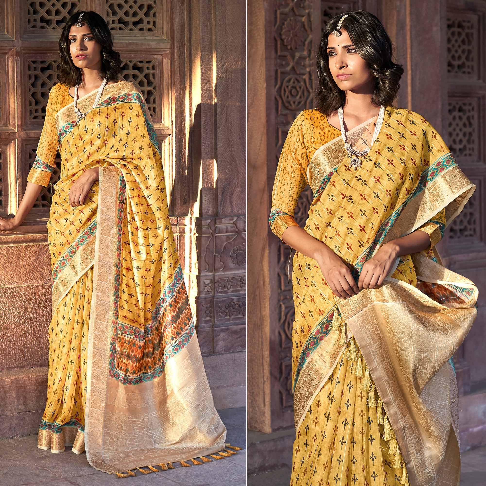 Yellow Digital Printed Linen Saree - Peachmode