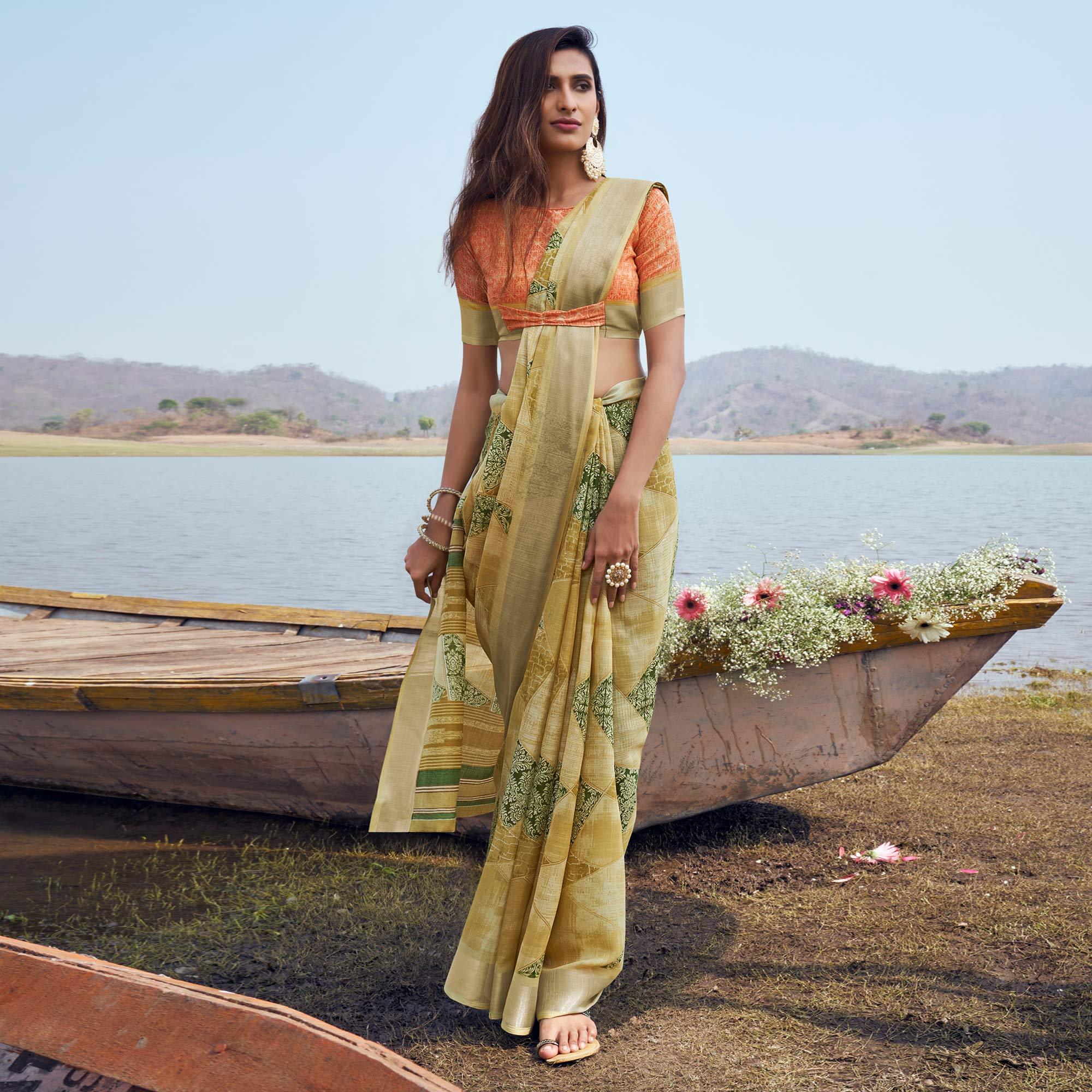 Yellow Digital Printed Linen Saree - Peachmode