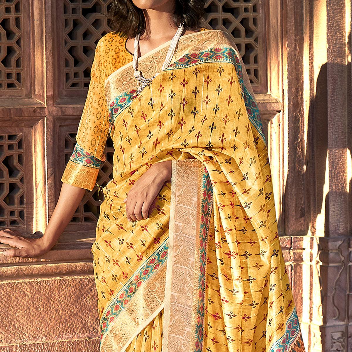Yellow Digital Printed Linen Saree - Peachmode